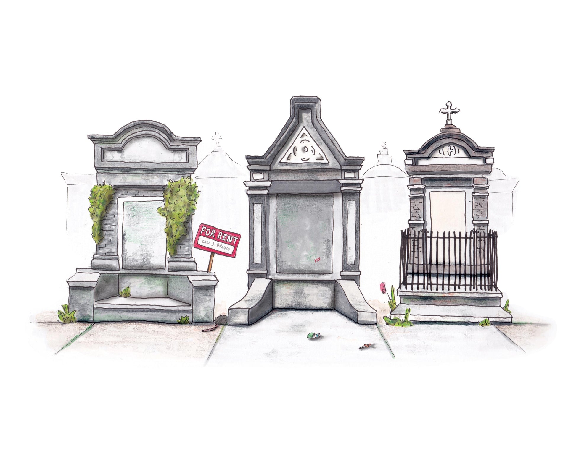 A product photo of the New Orleans Tombs art print. Three mausoleums colored different shades of gray sit in a row on a white background with trash littered on the sidewalk. The mausoleum to the left features a vine growth and a "FOR RENT" sign with the contact name J. Bruno, an infamous New Orleans slumlord.
