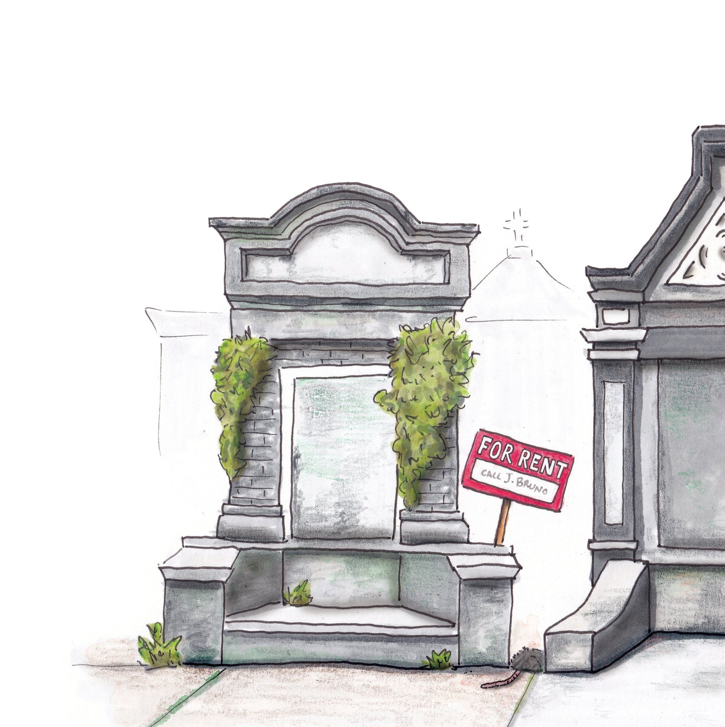 A detail photo of the original art for the New Orleans Tombs piece. Three ornate graves in a cemetery with a 'For Rent' sign on one of them that reads "Call J. Bruno"