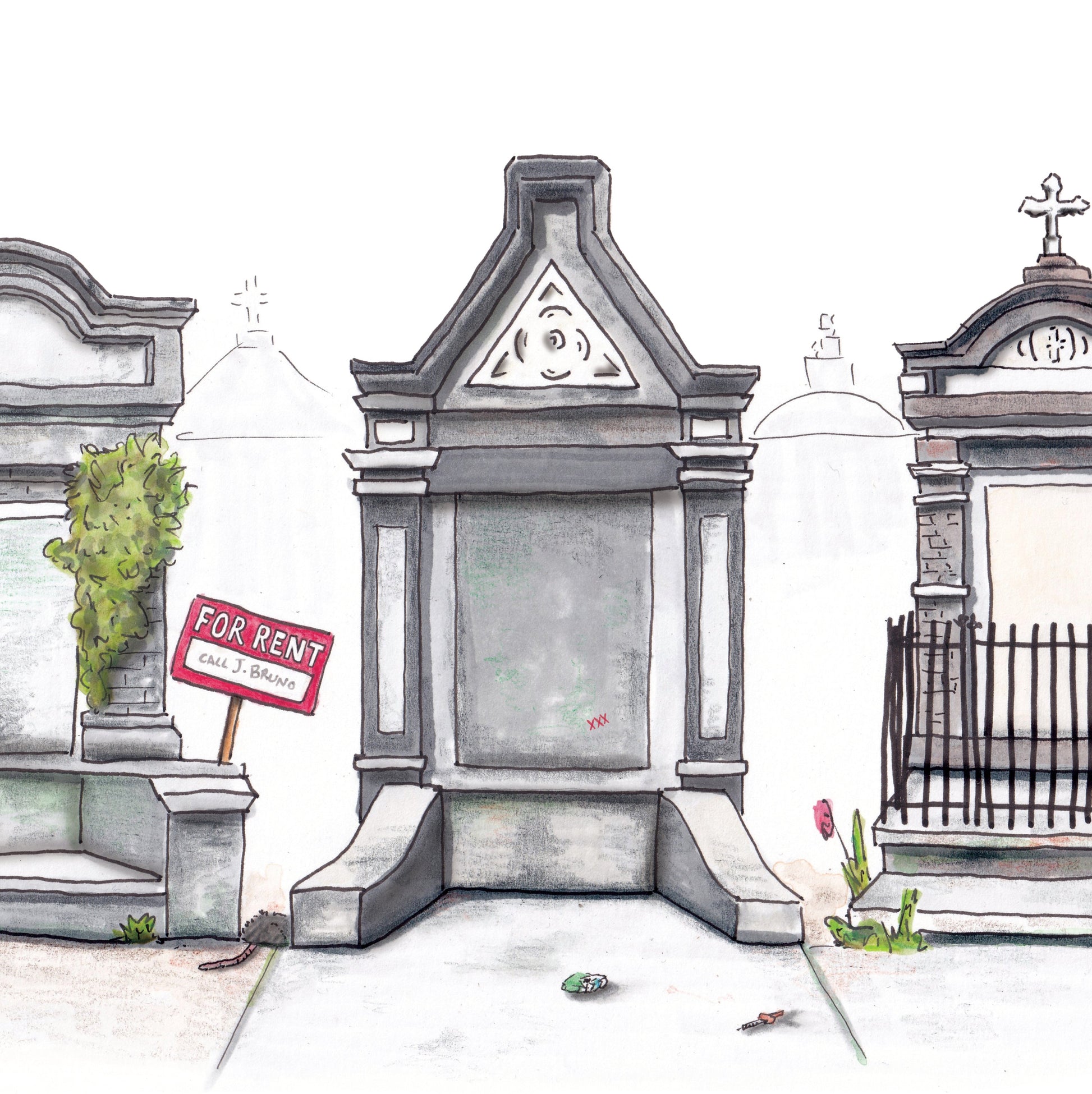 A detail photo of the original art for the New Orleans Tombs piece. Three ornate graves in a cemetery with a 'For Rent' sign on one of them that reads "Call J. Bruno"