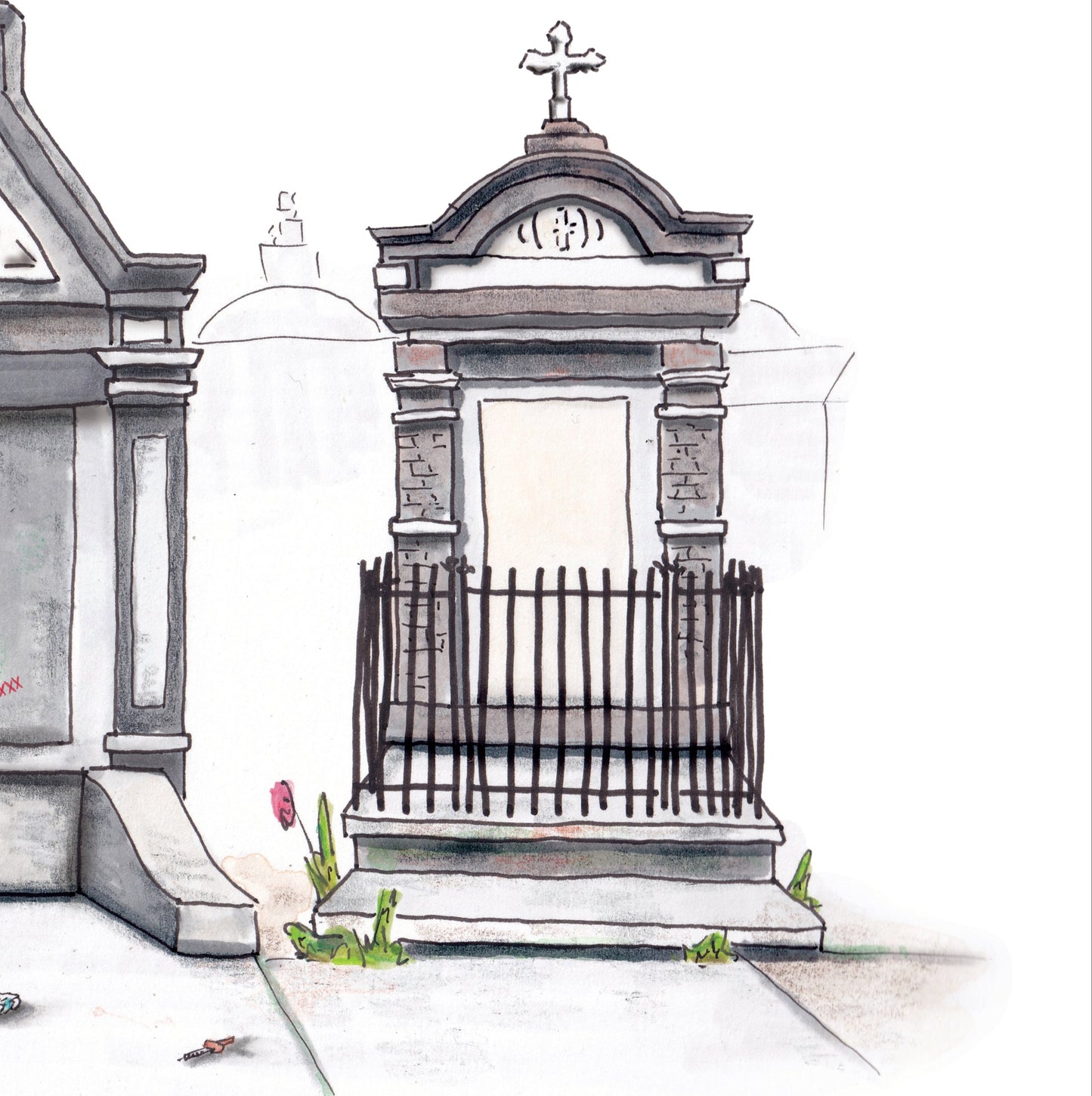A detail photo of the original art for the New Orleans Tombs piece. Three ornate graves in a cemetery with a 'For Rent' sign on one of them that reads "Call J. Bruno"