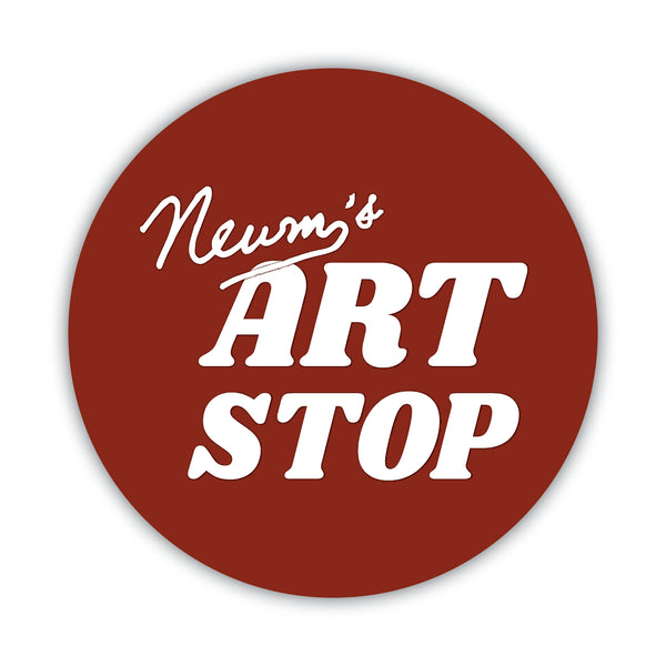 Round red sticker with 'Newm's Art Stop' text on a white background