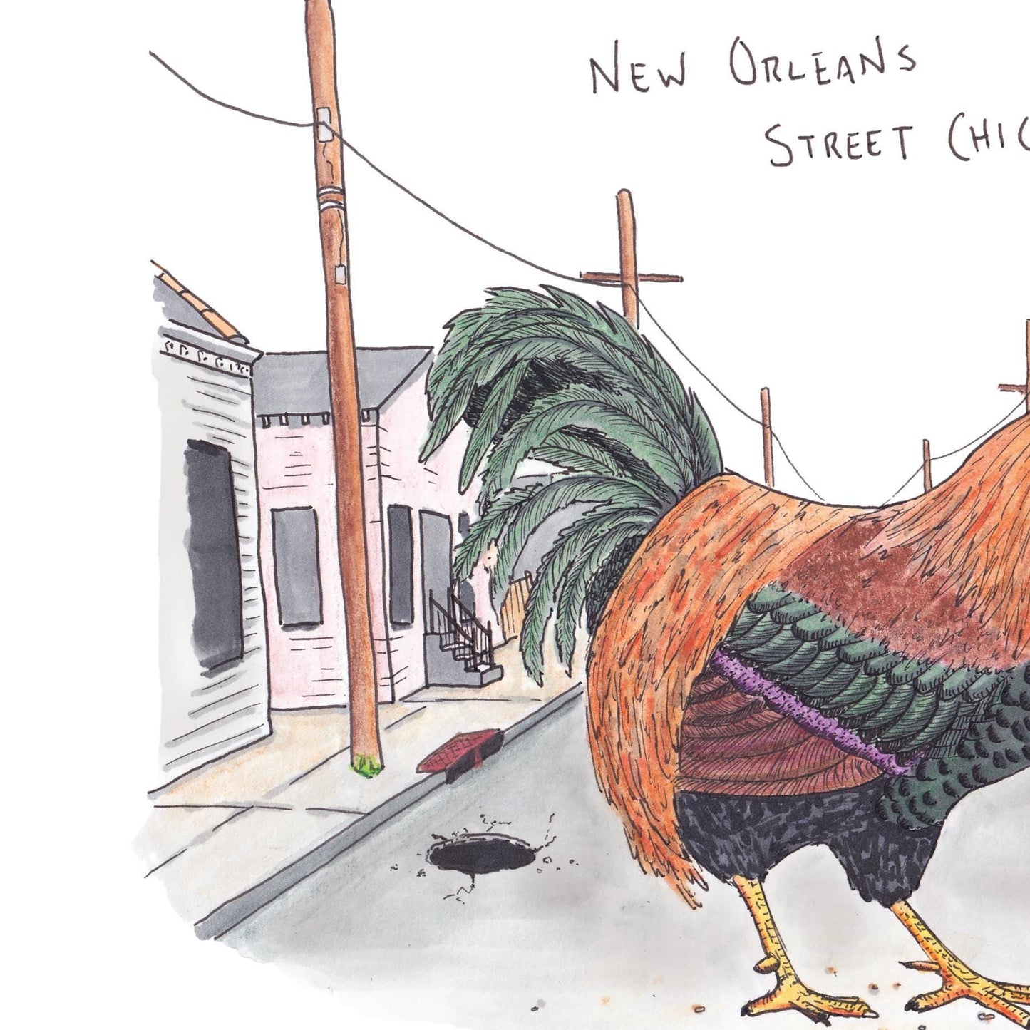 A detail photo of the Nola Street Chicken art print. A classic New Orleans NPC, the street chicken, is depicted standing in the middle of a street with houses and power lines on either side. Several cones and a large hole are on the street as well. The chicken is red, pink, orange, green, and purple resembling a common rooster.
