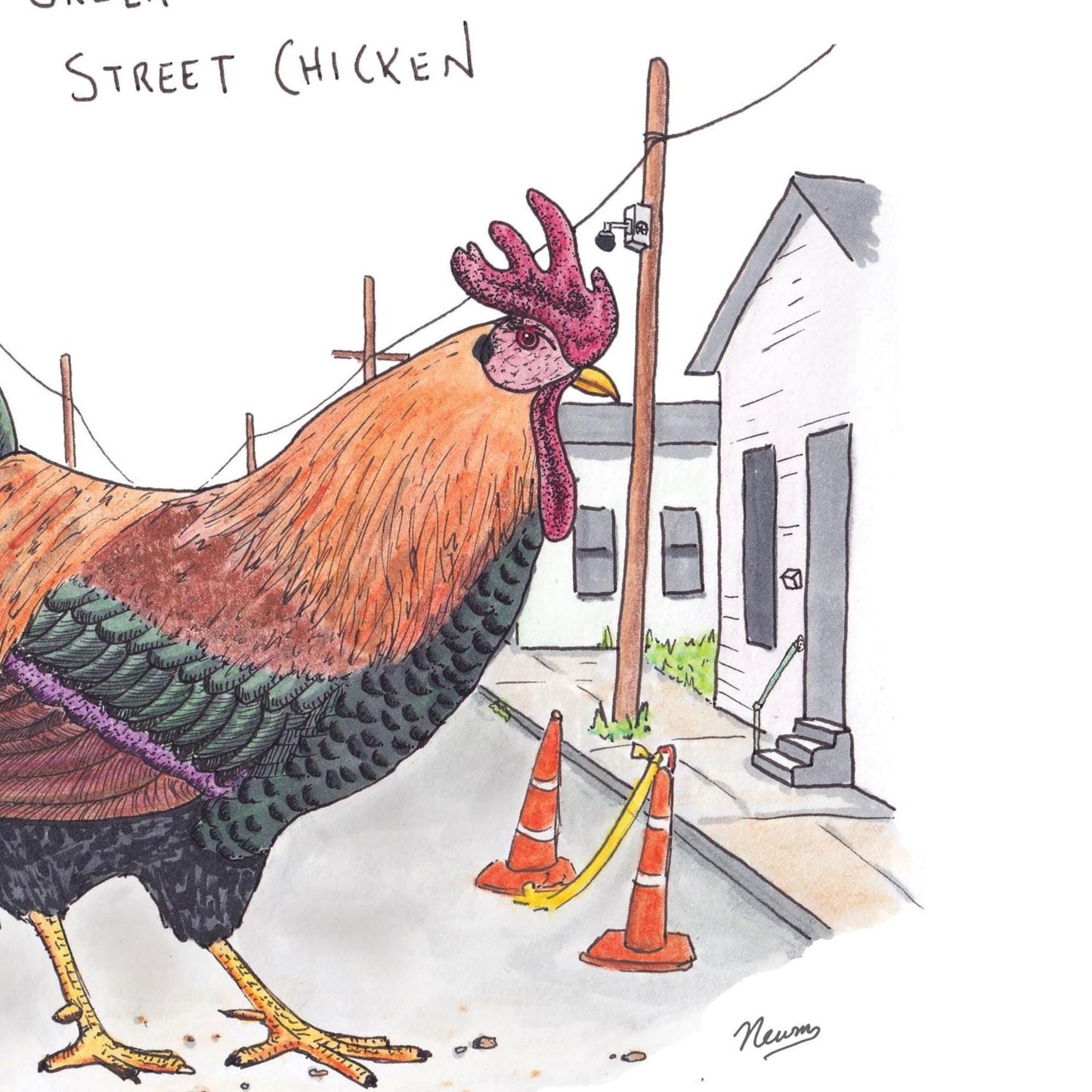 A detail photo of the Nola Street Chicken art print. A classic New Orleans NPC, the street chicken, is depicted standing in the middle of a street with houses and power lines on either side. Several cones and a large hole are on the street as well. The chicken is red, pink, orange, green, and purple resembling a common rooster.