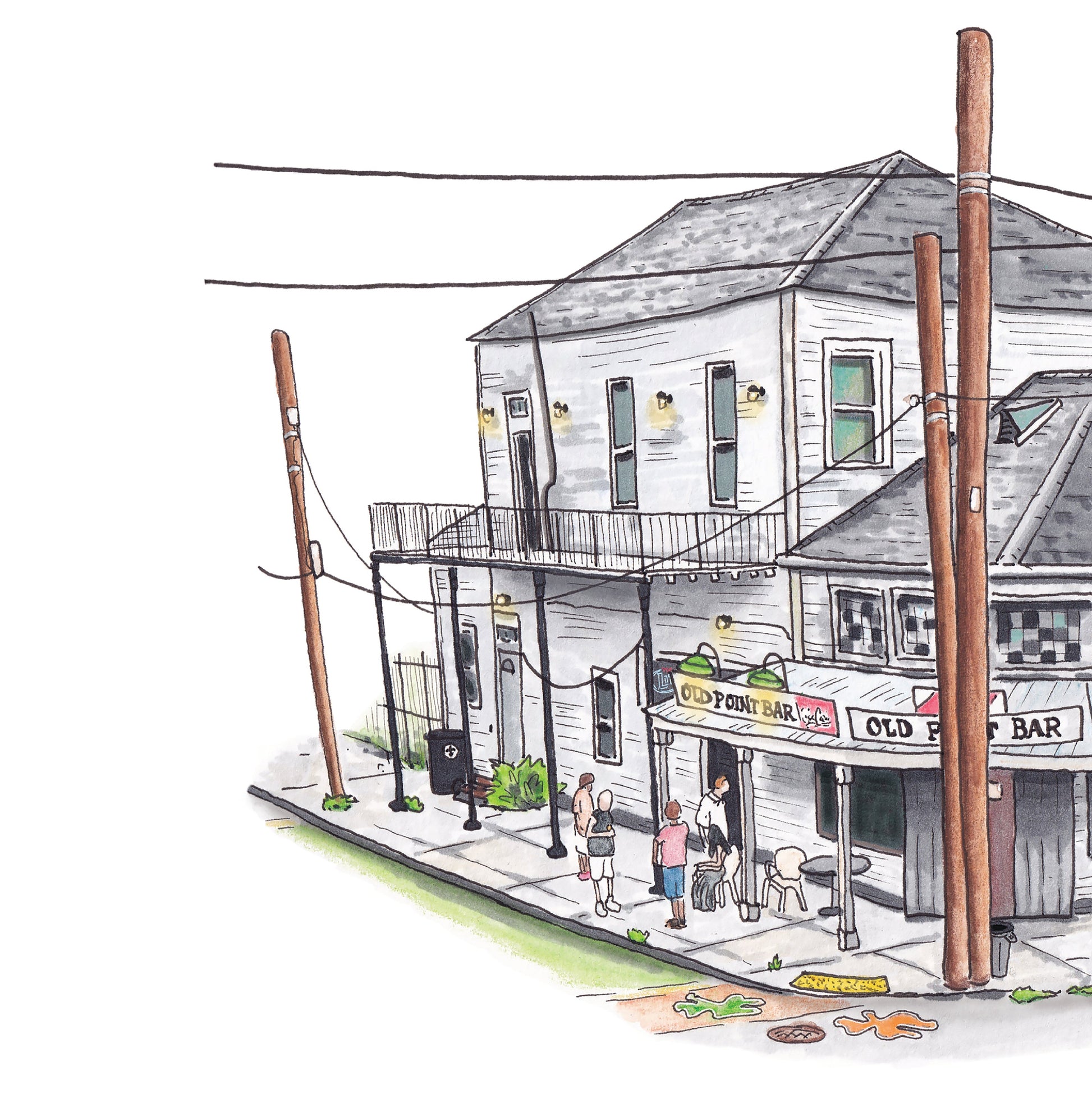 A detail photo of the Old Point Bar art print. A very old and weather 2 story building houses a bar on the levee in Algiers Point, New Orleans. Patrons sit outside on the sidewalks enjoying beverages and the music that emanates from inside. Faded old stained glass characterizes the facade just above the old overhang that supports the signage that reads "OLD POINT BAR: OPEN DAILY 8 A.M.: BEER WINE SPIRITS: AIR CONDITIONED" The signage includes old Schlitz branding.