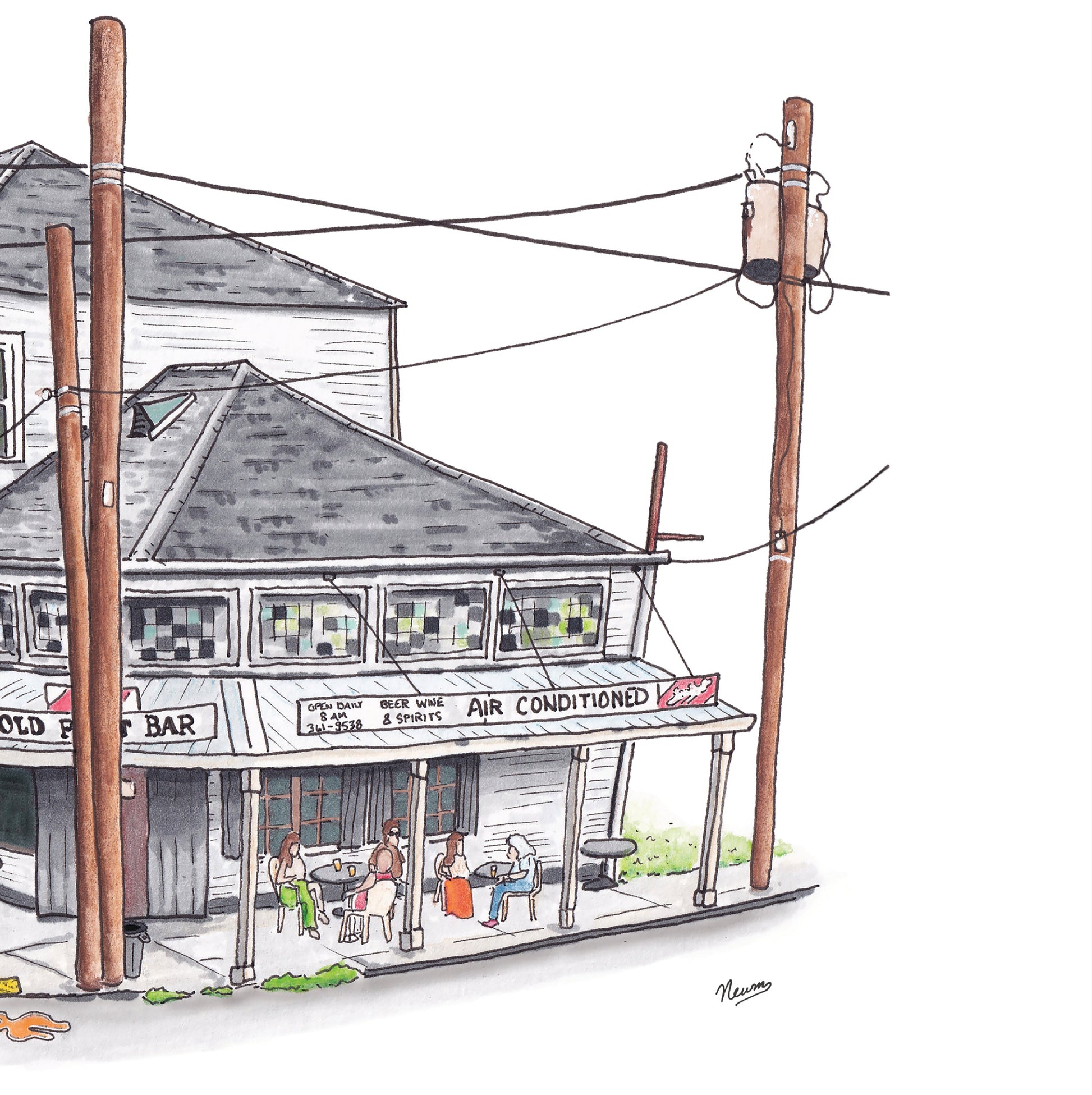 A detail photo of the Old Point Bar art print. A very old and weather 2 story building houses a bar on the levee in Algiers Point, New Orleans. Patrons sit outside on the sidewalks enjoying beverages and the music that emanates from inside. Faded old stained glass characterizes the facade just above the old overhang that supports the signage that reads "OLD POINT BAR: OPEN DAILY 8 A.M.: BEER WINE SPIRITS: AIR CONDITIONED" The signage includes old Schlitz branding.