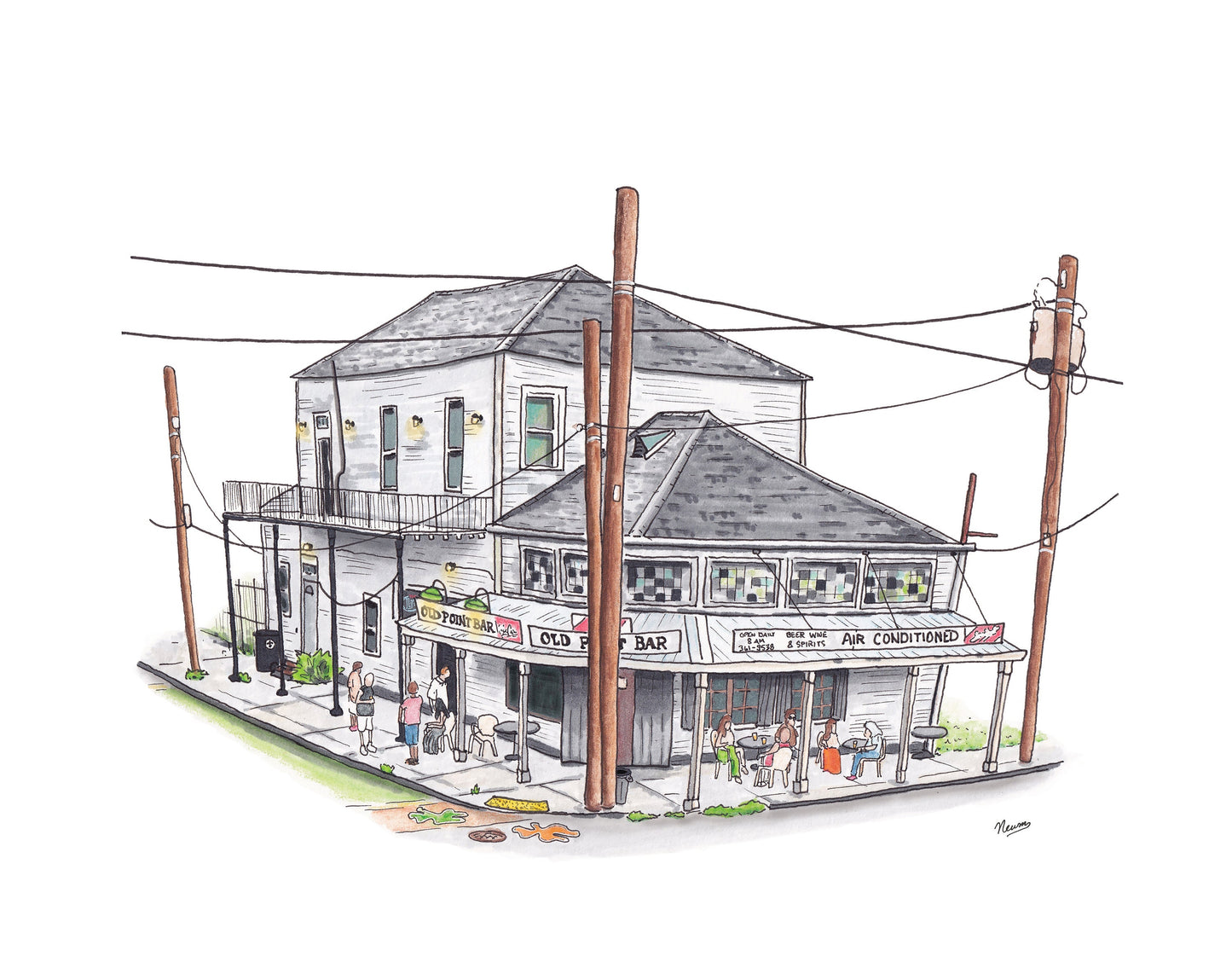 A product photo of the Old Point Bar art print. A very old and weather 2 story building houses a bar on the levee in Algiers Point, New Orleans. Patrons sit outside on the sidewalks enjoying beverages and the music that emanates from inside. Faded old stained glass characterizes the facade just above the old overhang that supports the signage that reads "OLD POINT BAR: OPEN DAILY 8 A.M.: BEER WINE SPIRITS: AIR CONDITIONED" The signage includes old Schlitz branding.