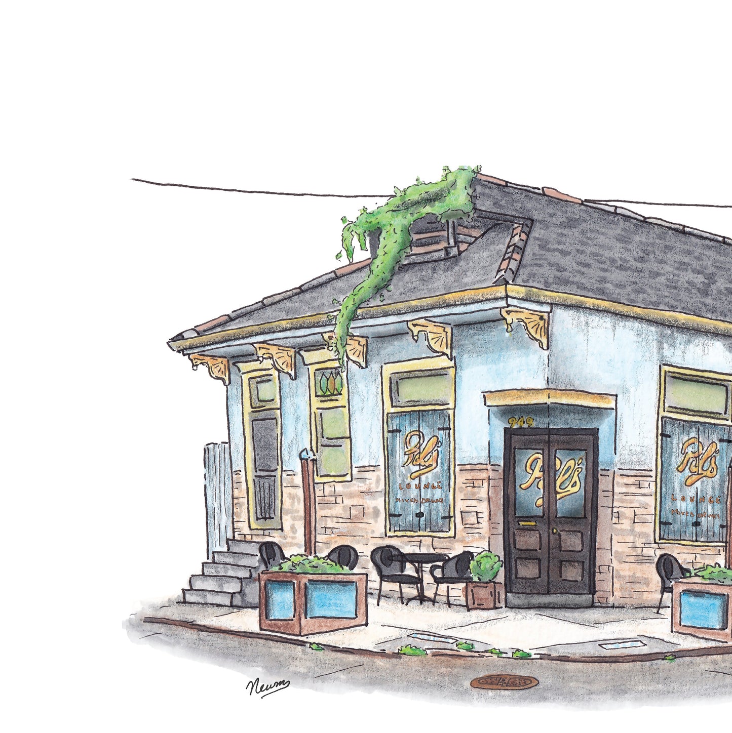 A detail product photo of the art print "Pal's Lounge" We look at a light blue building with gold trim that looks like a New Orleans home. But this is the iconic Pal's Lounge in the Bayou St. John neighborhood of Mid-City New Orleans. The building shows texture from weathering drips from gutters on the light blue paint. The corner store door feature "Pal's" written in script across the windows of the two doors and shutters of the windows on either side. A vine grows out of a dormer on the roof.