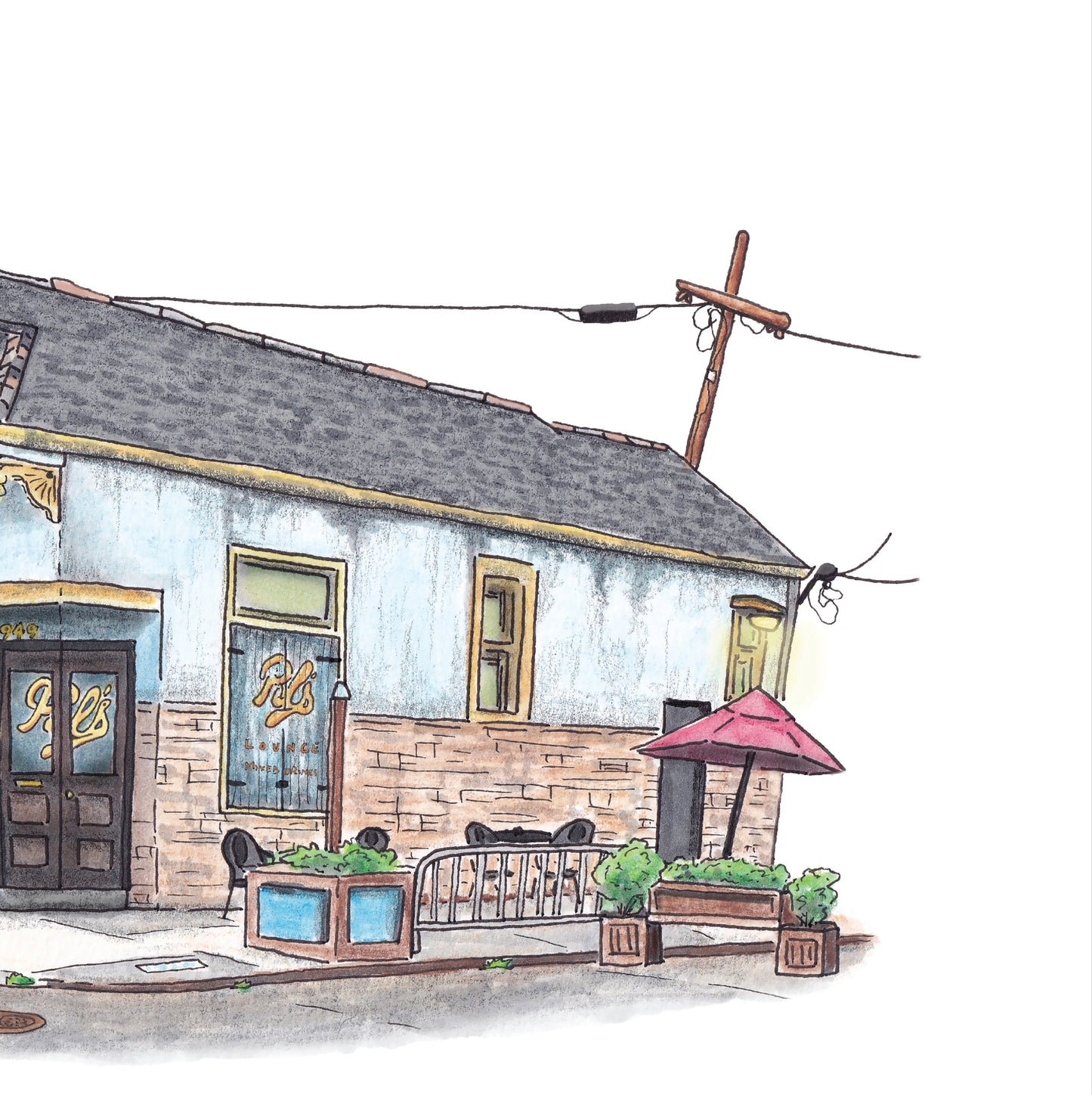 A detail product photo of the art print "Pal's Lounge" We look at a light blue building with gold trim that looks like a New Orleans home. But this is the iconic Pal's Lounge in the Bayou St. John neighborhood of Mid-City New Orleans. The building shows texture from weathering drips from gutters on the light blue paint. The corner store door feature "Pal's" written in script across the windows of the two doors and shutters of the windows on either side. A vine grows out of a dormer on the roof.