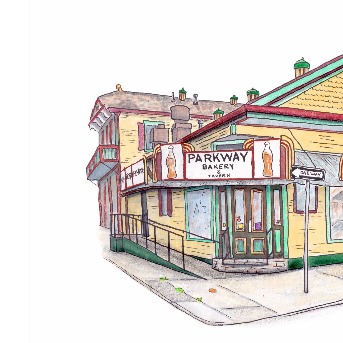 A detail photo of the Parkway Bakery art print. A Classic New Orleans style yellow building with red and blue green trim floats with a 2 point perspective on a white background. The building features corner store doors, ornamental roof fixtures, and red & gold signage saying "PARKWAY BAKERY & TAVERN" as well as "GOOD FOOD" and "COCKTAILS."