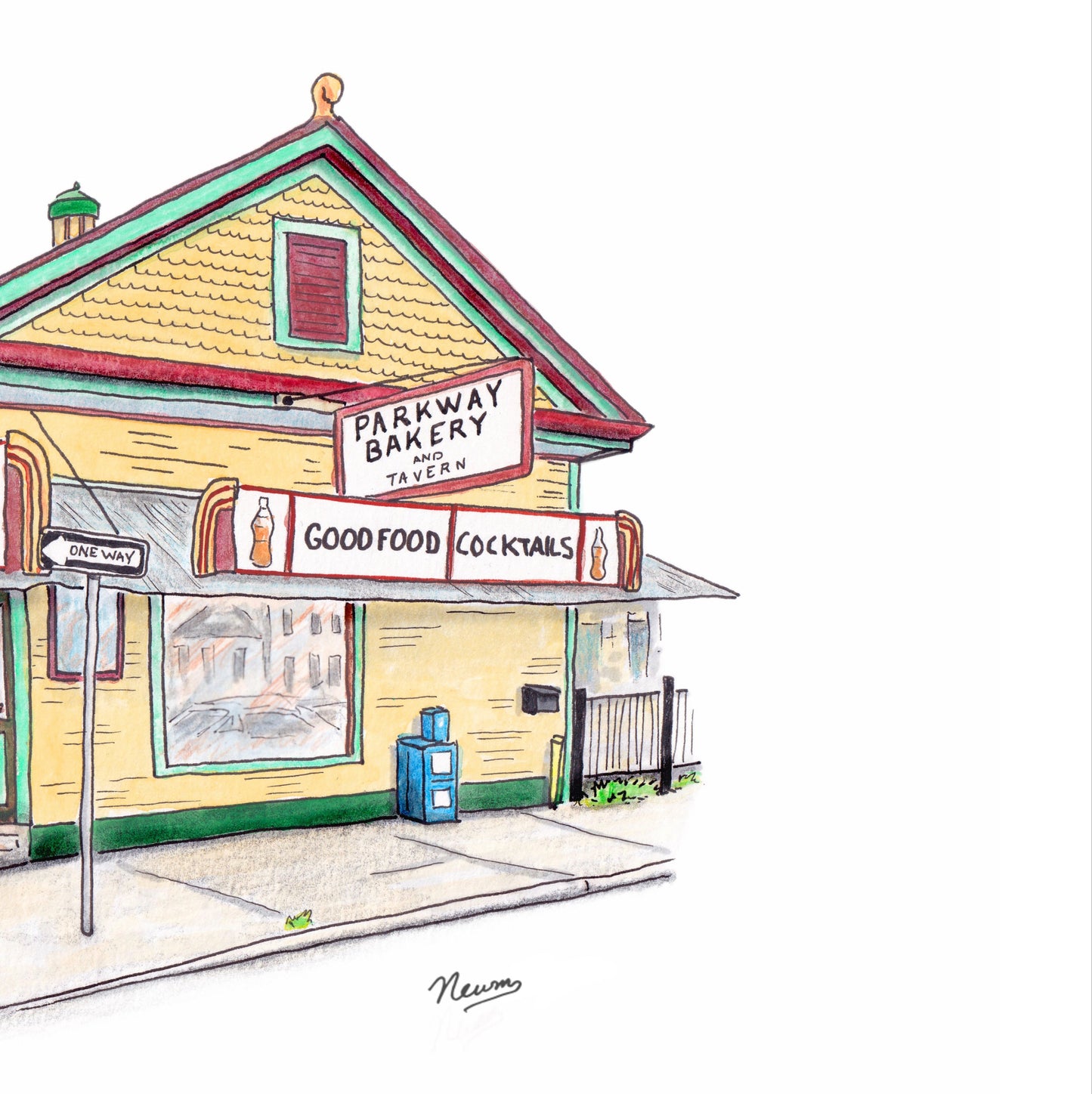 A detail photo of the Parkway Bakery art print. A Classic New Orleans style yellow building with red and blue green trim floats with a 2 point perspective on a white background. The building features corner store doors, ornamental roof fixtures, and red & gold signage saying "PARKWAY BAKERY & TAVERN" as well as "GOOD FOOD" and "COCKTAILS."