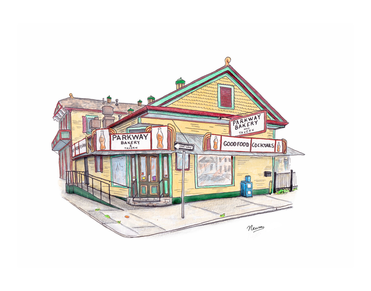 A product photo of the Parkway Bakery art print. A Classic New Orleans style yellow building with red and blue green trim floats with a 2 point perspective on a white background. The building features corner store doors, ornamental roof fixtures, and red & gold signage saying "PARKWAY BAKERY & TAVERN" as well as "GOOD FOOD" and "COCKTAILS."