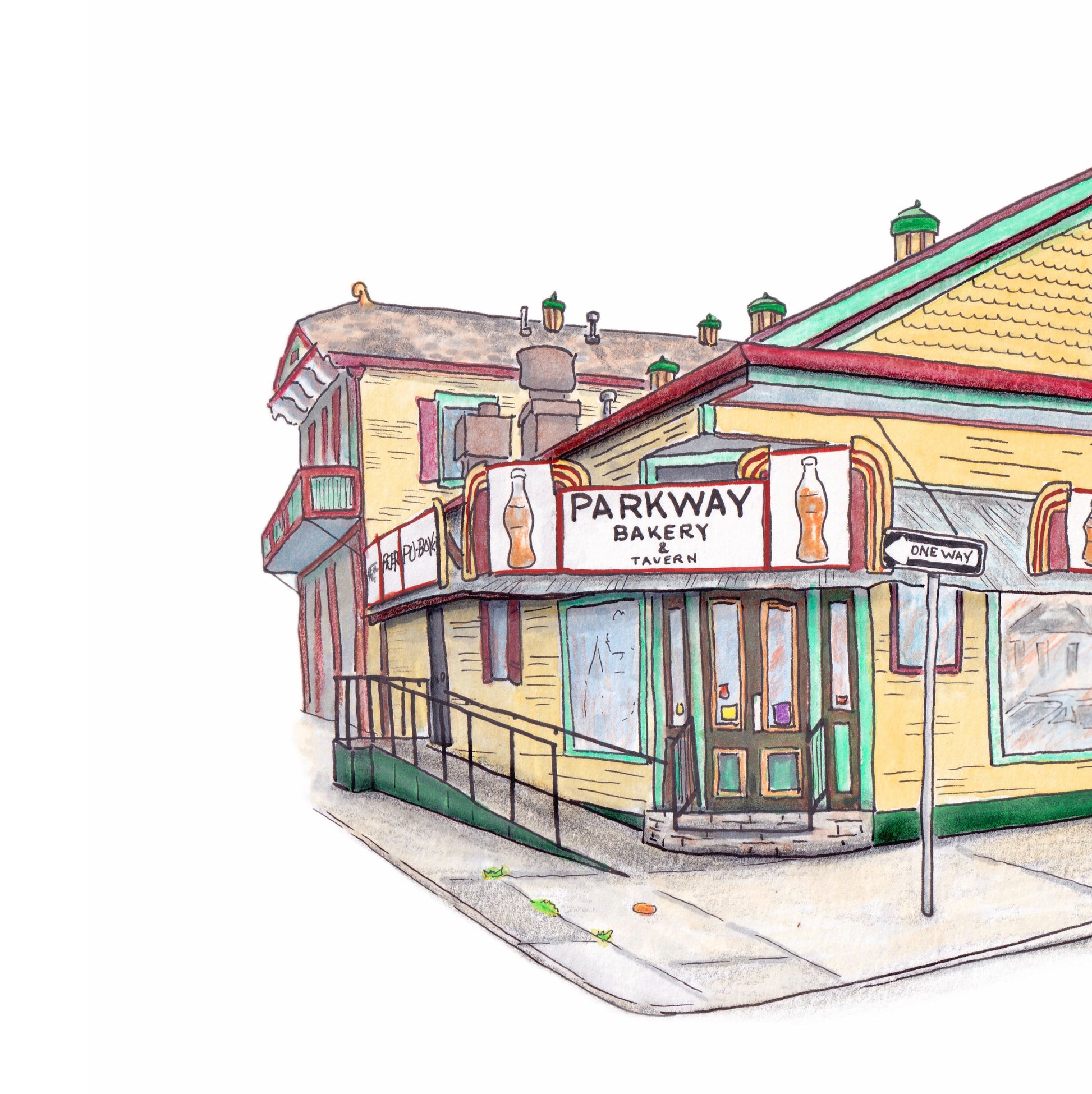 A detail photo of the original art for the Parkway Bakery piece. A colorful illustration style line and wash painting of a two-story building with signs on a white background.