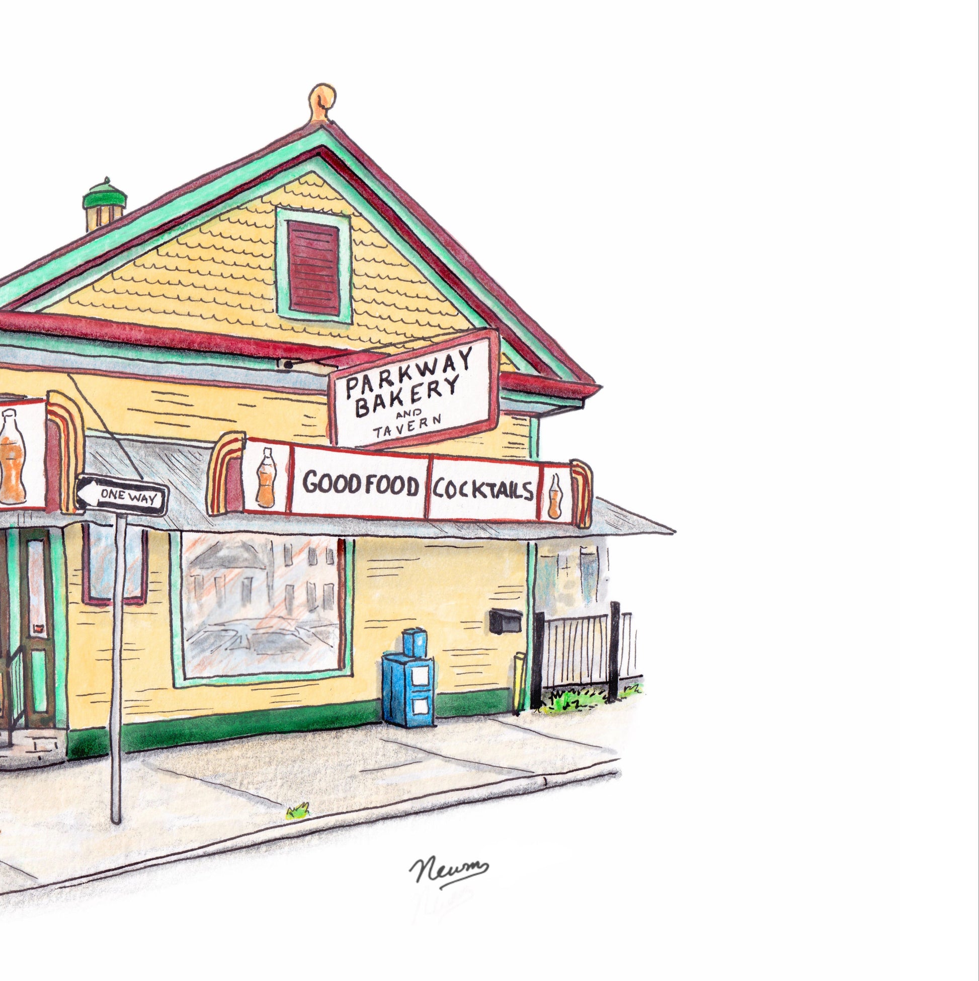 A detail photo of the original art for the Parkway Bakery piece. A colorful illustration style line and wash painting of a two-story building with signs on a white background.