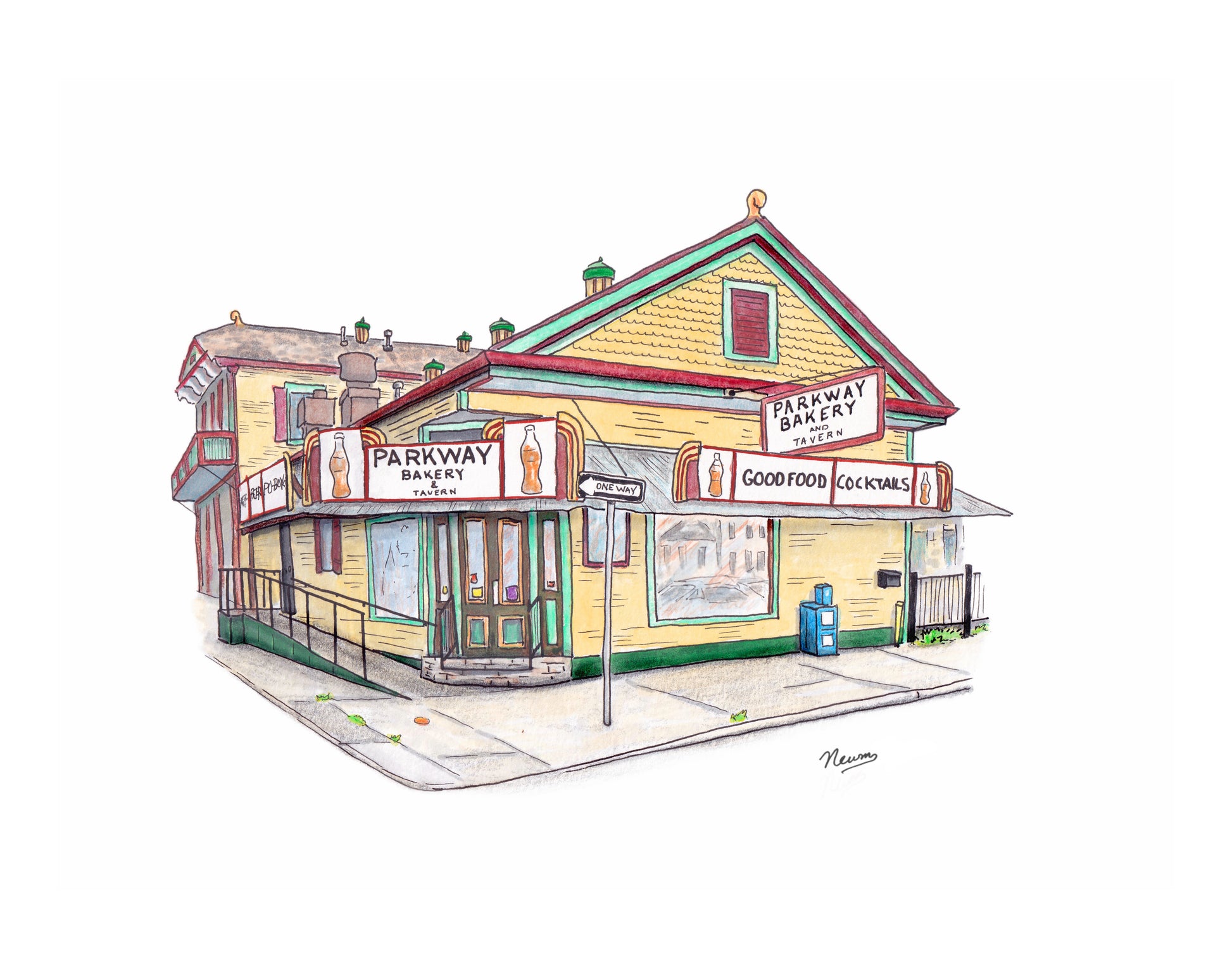 A product photo of the original art for the Parkway Bakery piece. A colorful illustration style line and wash painting of a two-story building with signs on a white background.