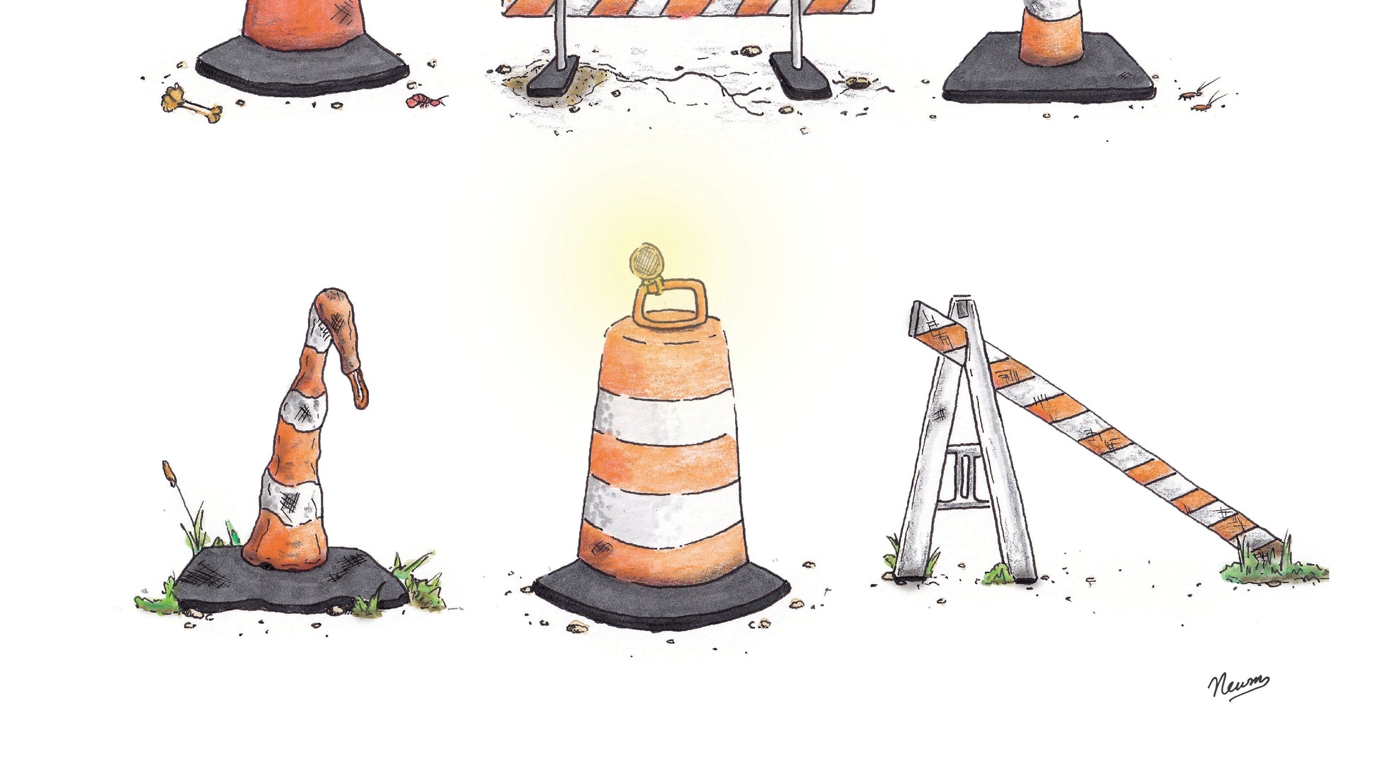 Detail of the bottom row of three cones: from left to right; A terribly beaten slender orange and white cone. Next, a construction barrel with a glowing light affixed to its top. Lastly, an A frame, one legged orange and white barrier.