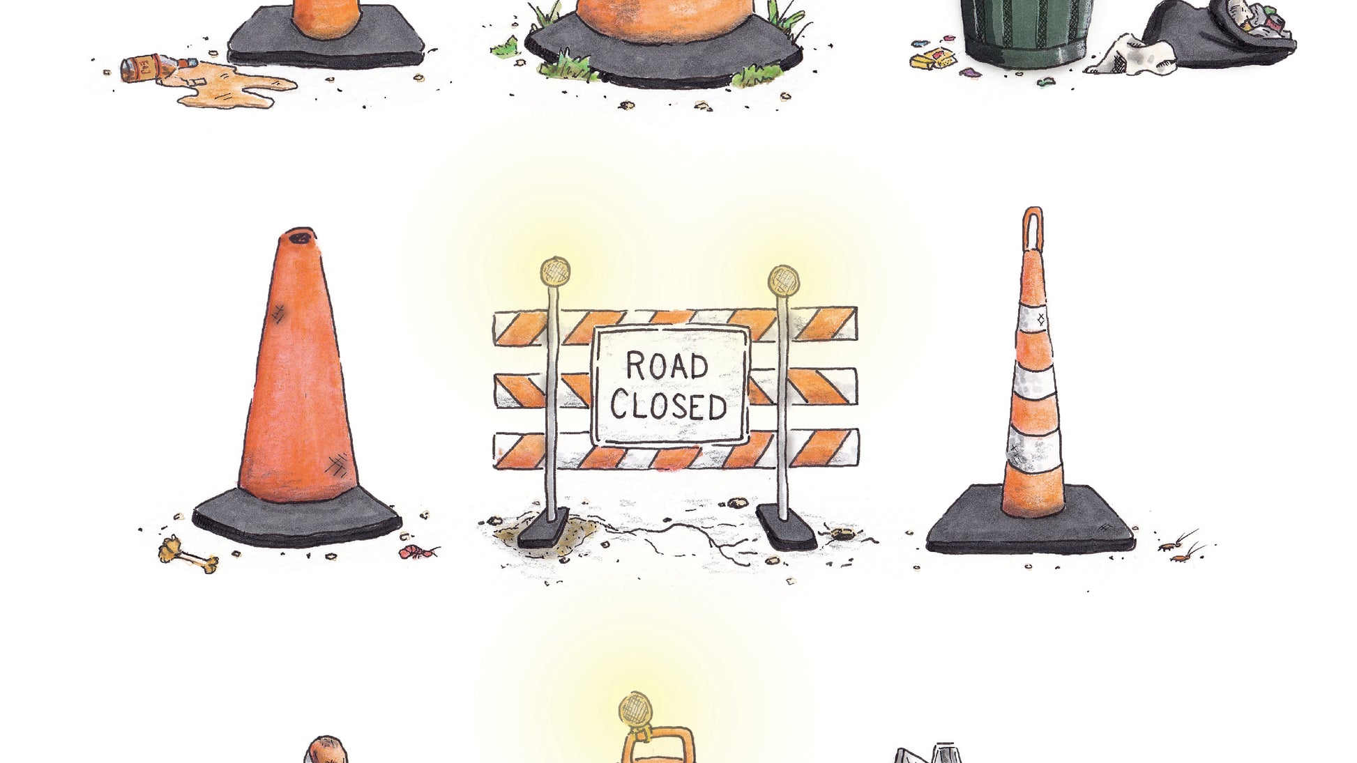 Detail of the middle row of three cones: from left to right; A classic solid orange cone with a chicken leg bone and crawfish shell at its base. Next, a Road Closed sign with two glowing lights on top and cracked asphalt under its base. Lastly, A somewhat presentable cone with orange and white alternating stripes having two palmetto bugs on the ground near the base.