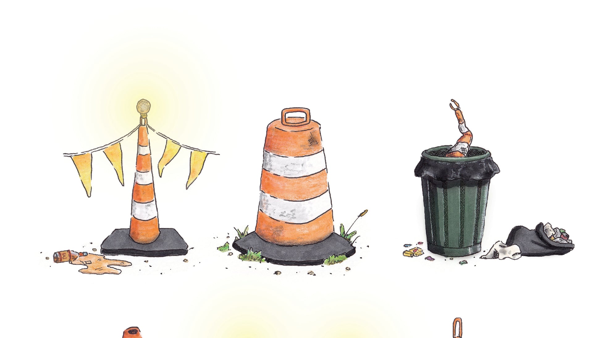 Detail of the top row of three cones: from left to right; A tall slender cone with a light on top, a line with caution flags towing from either side, and a spilt bottle of E&J on the ground to the left. Next a common construction barrel. Lastly, a city trash can holding a battered and damaged slender cone with trash spilled around on the ground.