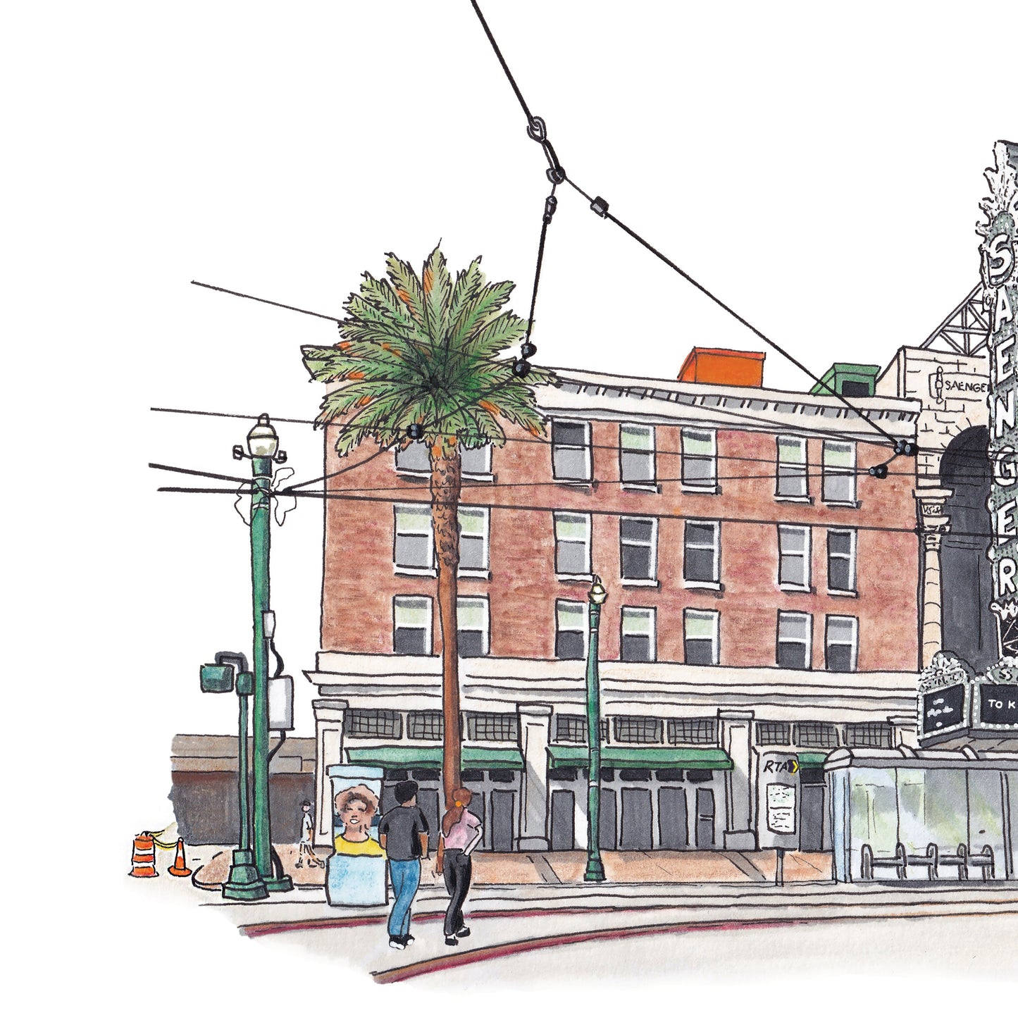 A detail photo of the Saenger Theater art print. The Saenger Theater sits just beyond the streetcar line shown in this piece on Canal Street in downtown New Orleans. The Saenger sign that lights the street every night is prominently shown in the center. A billboard on top of the theater facing down Canal shows a novelty Morris Bart (local injury lawyer) ad in which he depicts Uncle Sam saying "I want you". "To Kill a Mocking Bird" is on the marquee.
