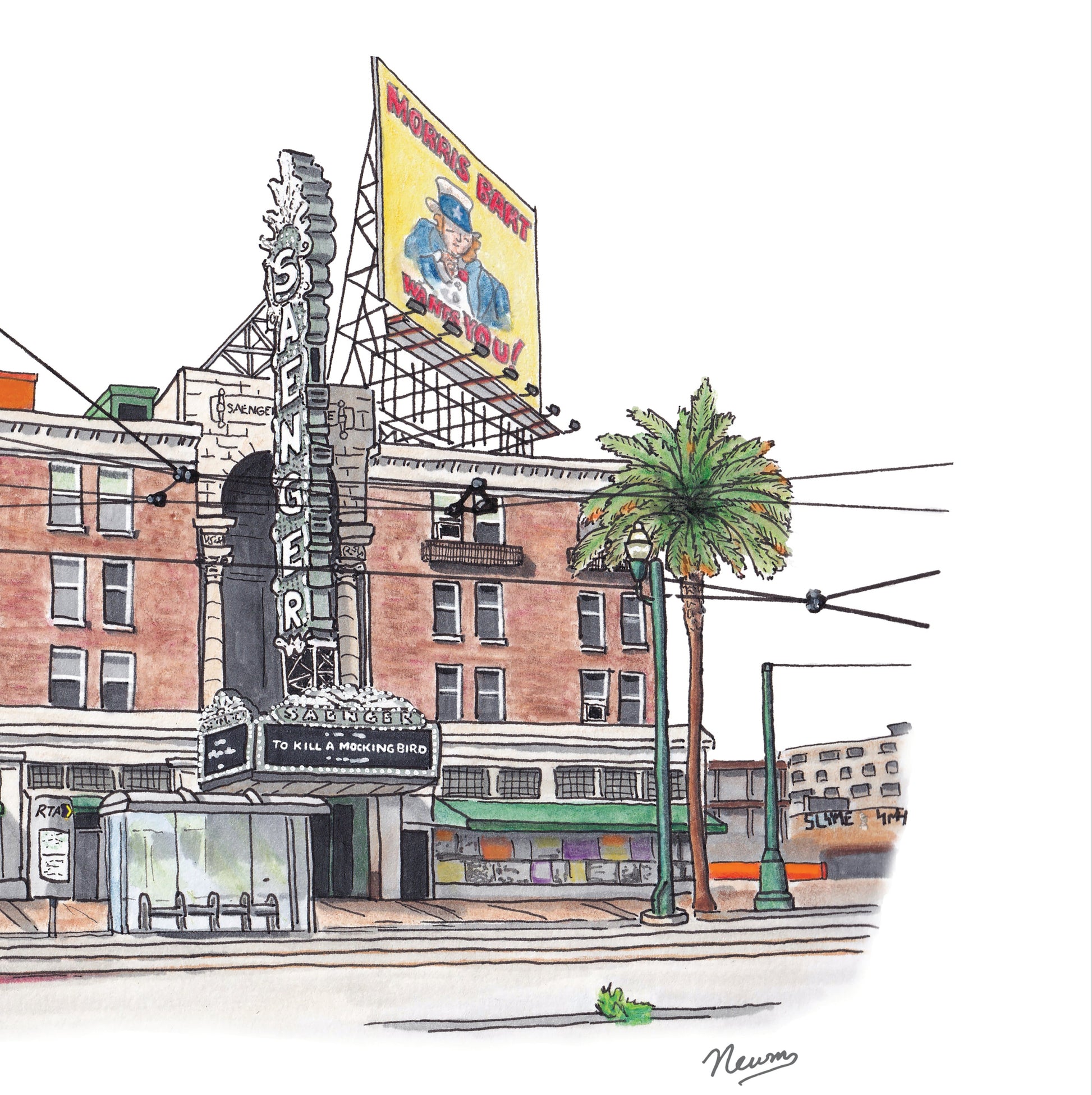 A detail photo of the Saenger Theater art print. The Saenger Theater sits just beyond the streetcar line shown in this piece on Canal Street in downtown New Orleans. The Saenger sign that lights the street every night is prominently shown in the center. A billboard on top of the theater facing down Canal shows a novelty Morris Bart (local injury lawyer) ad in which he depicts Uncle Sam saying "I want you". "To Kill a Mocking Bird" is on the marquee.