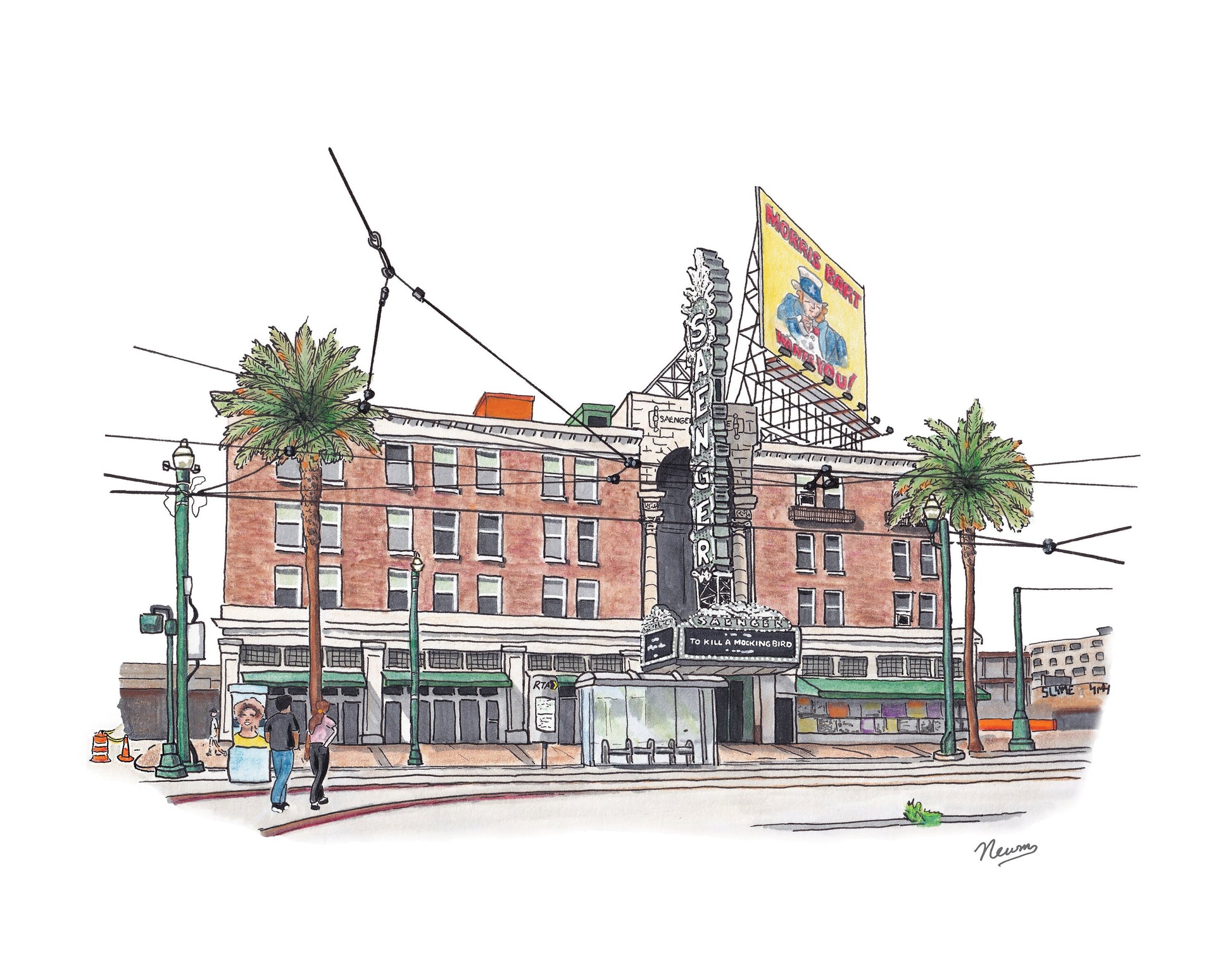 A product photo of the Saenger Theater art print. The Saenger Theater sits just beyond the streetcar line shown in this piece on Canal Street in downtown New Orleans. The Saenger sign that lights the street every night is prominently shown in the center. A billboard on top of the theater facing down Canal shows a novelty Morris Bart (local injury lawyer) ad in which he depicts Uncle Sam saying "I want you". "To Kill a Mocking Bird" is on the marquee.