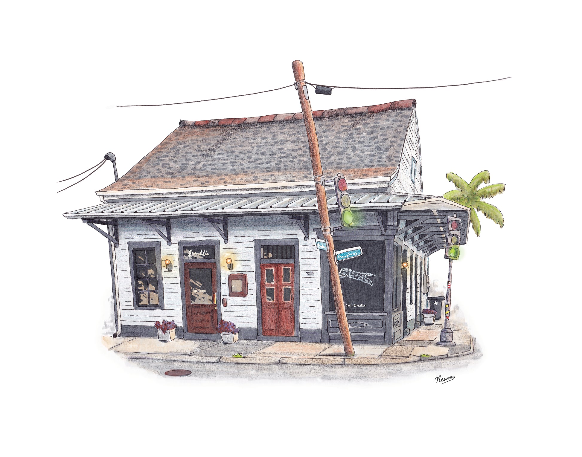A product photo shows an example of The Local Commission Art process. A classic New Orleans style gray building with charcoal trim sits on a street corner with a leaning light pole having a traffic light affixed to it just in front of the building. A palm tree is in the distance behind the building. A golden evening light hits the roof. This building was the former restaurant and bar called The Franklin on Franklin Ave in the Marigny neighborhood of New Orleans.
