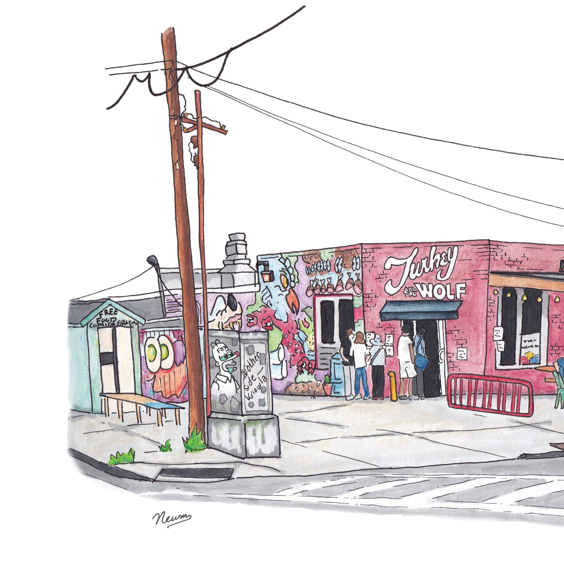 A detail photo of the Turkey and the Wolf art print. A red brick building has the signage "Turkey and the Wolf" painted directly on the brick above the door in white. Patrons eat at tables outside and line out the door waiting for service. A mural covers the lefts side of the eatery while a power pole and a community fridge flank the left. Out front is a van owned by the restaurant called the "Cat Scratch Fever". It's yellow with lions painted on the side with a port window.