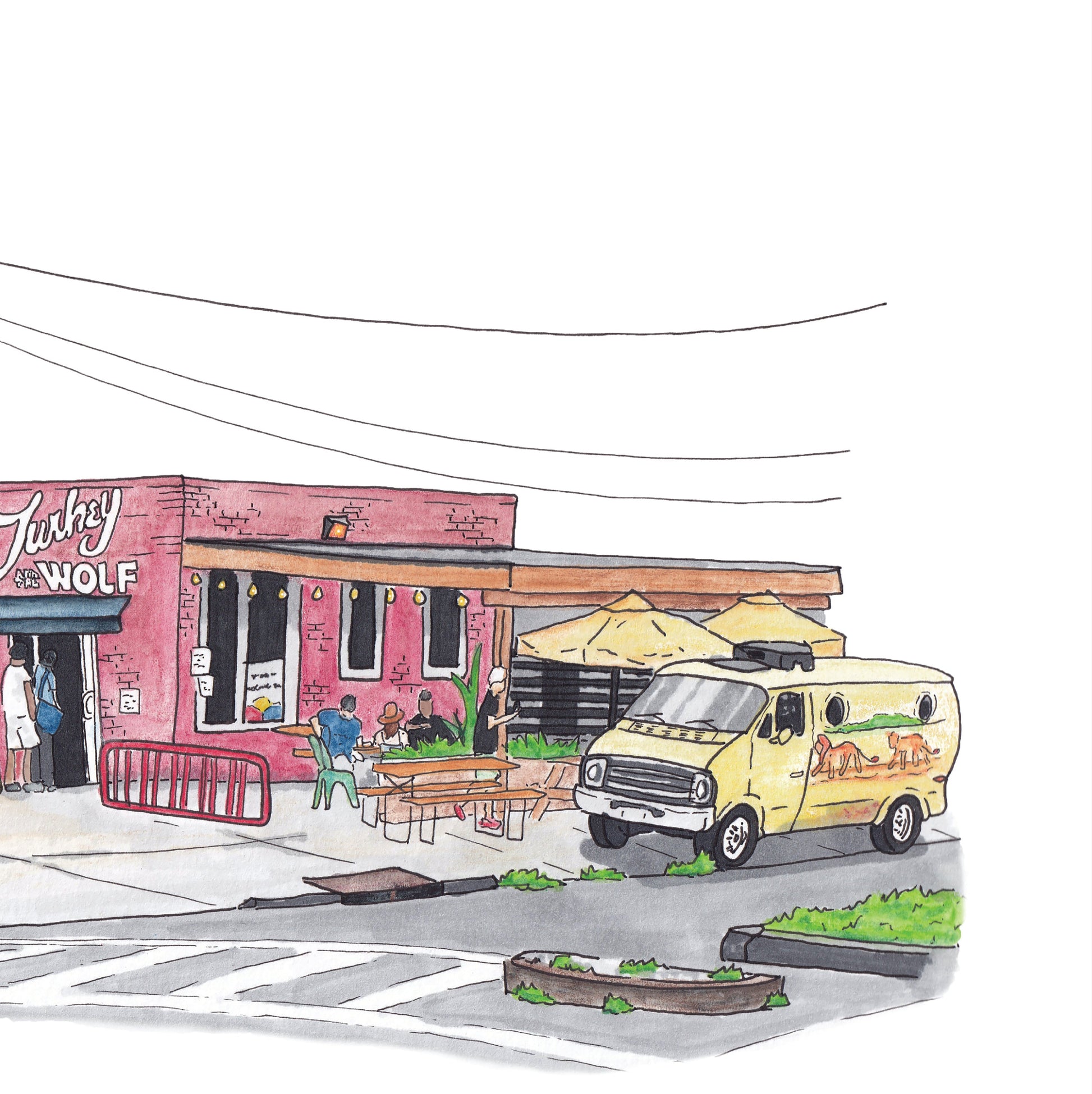 A detail photo of the Turkey and the Wolf art print. A red brick building has the signage "Turkey and the Wolf" painted directly on the brick above the door in white. Patrons eat at tables outside and line out the door waiting for service. A mural covers the lefts side of the eatery while a power pole and a community fridge flank the left. Out front is a van owned by the restaurant called the "Cat Scratch Fever". It's yellow with lions painted on the side with a port window.