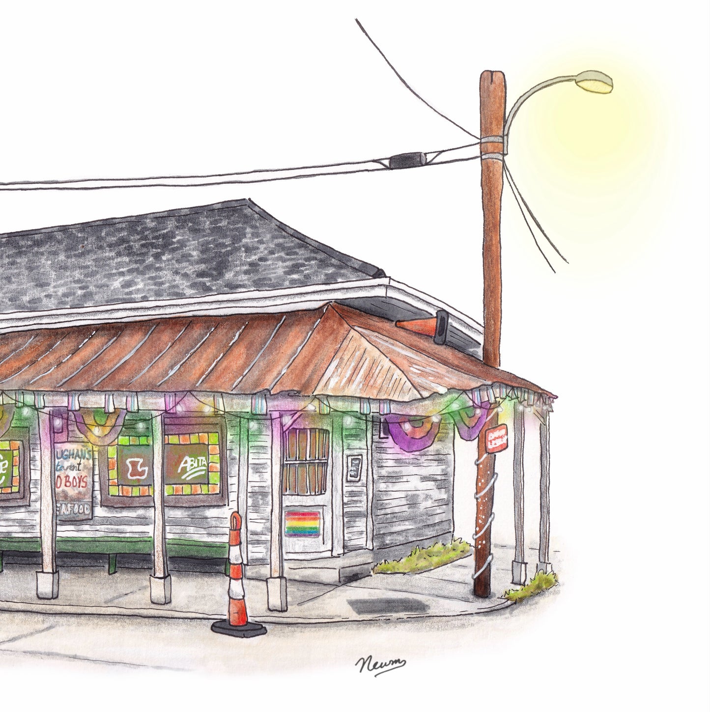 A detail photo of the Vaughn's Bywater Pub art print shows a dingy, grayish, highly textured building as seen downstreet on Lesseps Street. The gray pub is contrasted by its colorful accents of pride flags and Mardi Gras colored Christmas lights hung from the crooked, rusty overhang. Neons are seen through the windows bordered by colorful stained glass. A lightpole flanks the building to the right. The painting floats on a white background with the signature Newm.