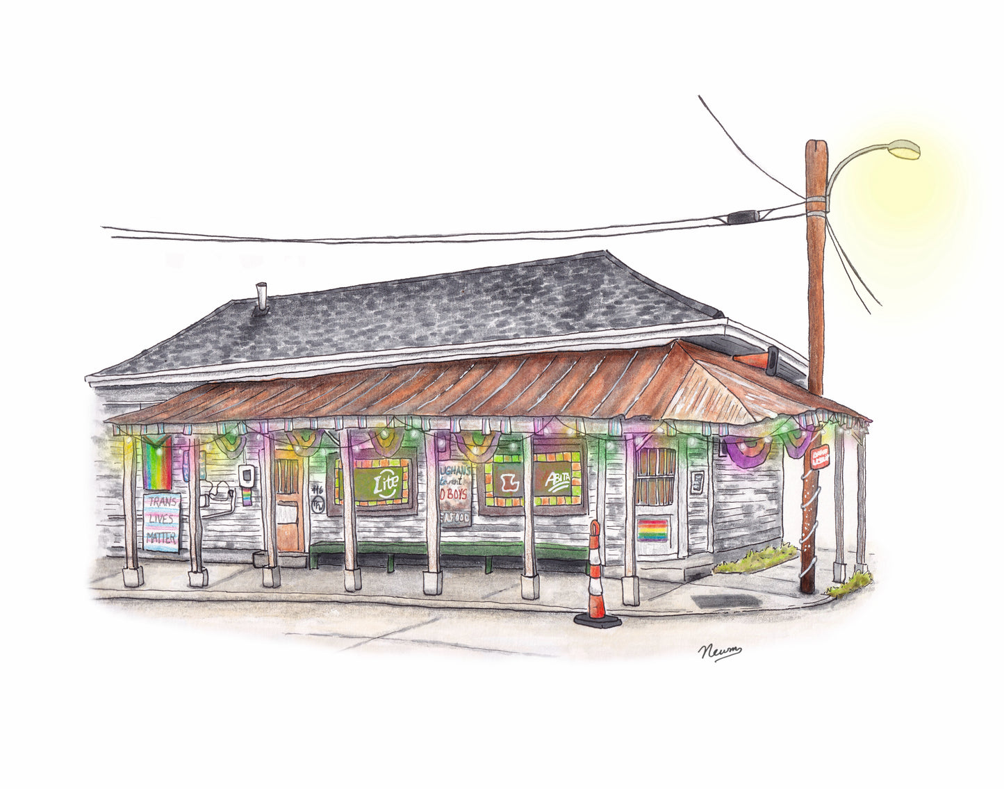A product photo of the Vaughn's Bywater Pub art print shows a dingy, grayish, highly textured building as seen downstreet on Lesseps Street. The gray pub is contrasted by its colorful accents of pride flags and Mardi Gras colored Christmas lights hung from the crooked, rusty overhang. Neons are seen through the windows bordered by colorful stained glass. A lightpole flanks the building to the right. The painting floats on a white background with the signature Newm.