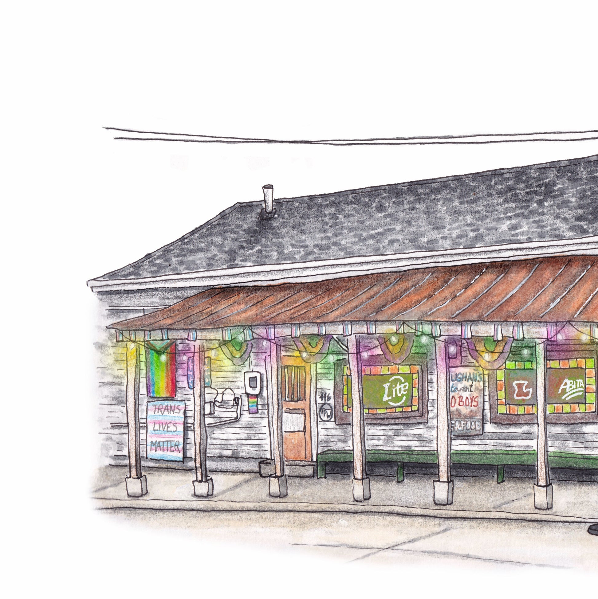 A detail photo of the original art for the Vaughn's Bywater Pub piece. An Illustration style line and wash painting of a small building that looks more like a house than pub. Neons, hanging lights, and colorful signs adorn the exterior of the heavily weathered building on a white background.