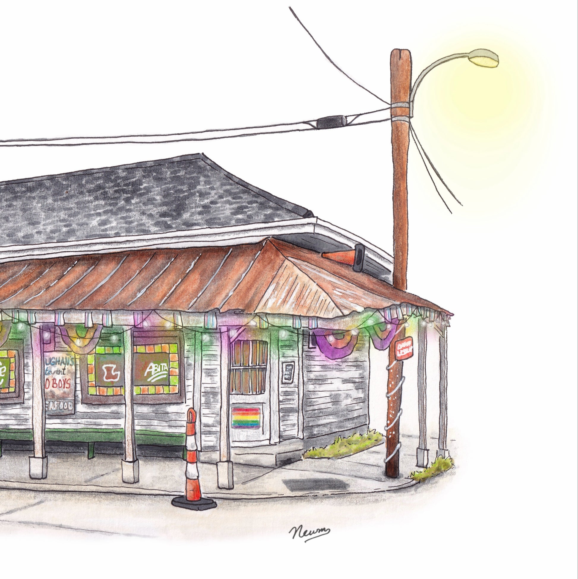 A detail photo of the original art for the Vaughn's Bywater Pub piece. An Illustration style line and wash painting of a small building that looks more like a house than pub. Neons, hanging lights, and colorful signs adorn the exterior of the heavily weathered building on a white background.