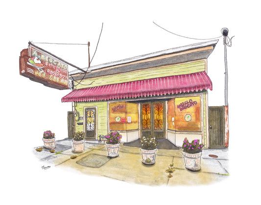 A product photo of the Angelo Brocato art print. A pale green storefront with gold trim and a red and white striped awning sits behind a sidewalk with 5 evenly spaced concrete round planters holding purple and white flowers in them. From the building on the upper left side of our view protrudes a vintage brown metal sign having neons forming lettering that reads "A. BROCATO: SPUMONE and CASSATA: ICE CREAM". The sign also pictures a dish holding ice cream and pastry.