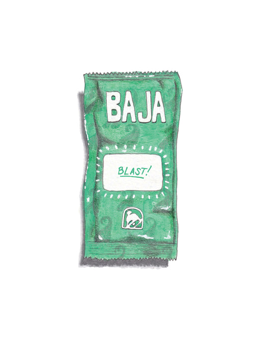 A product photo of the original art for the Baja Blast piece. A Green packet with 'BAJA' and 'BLAST!' text on a white background.