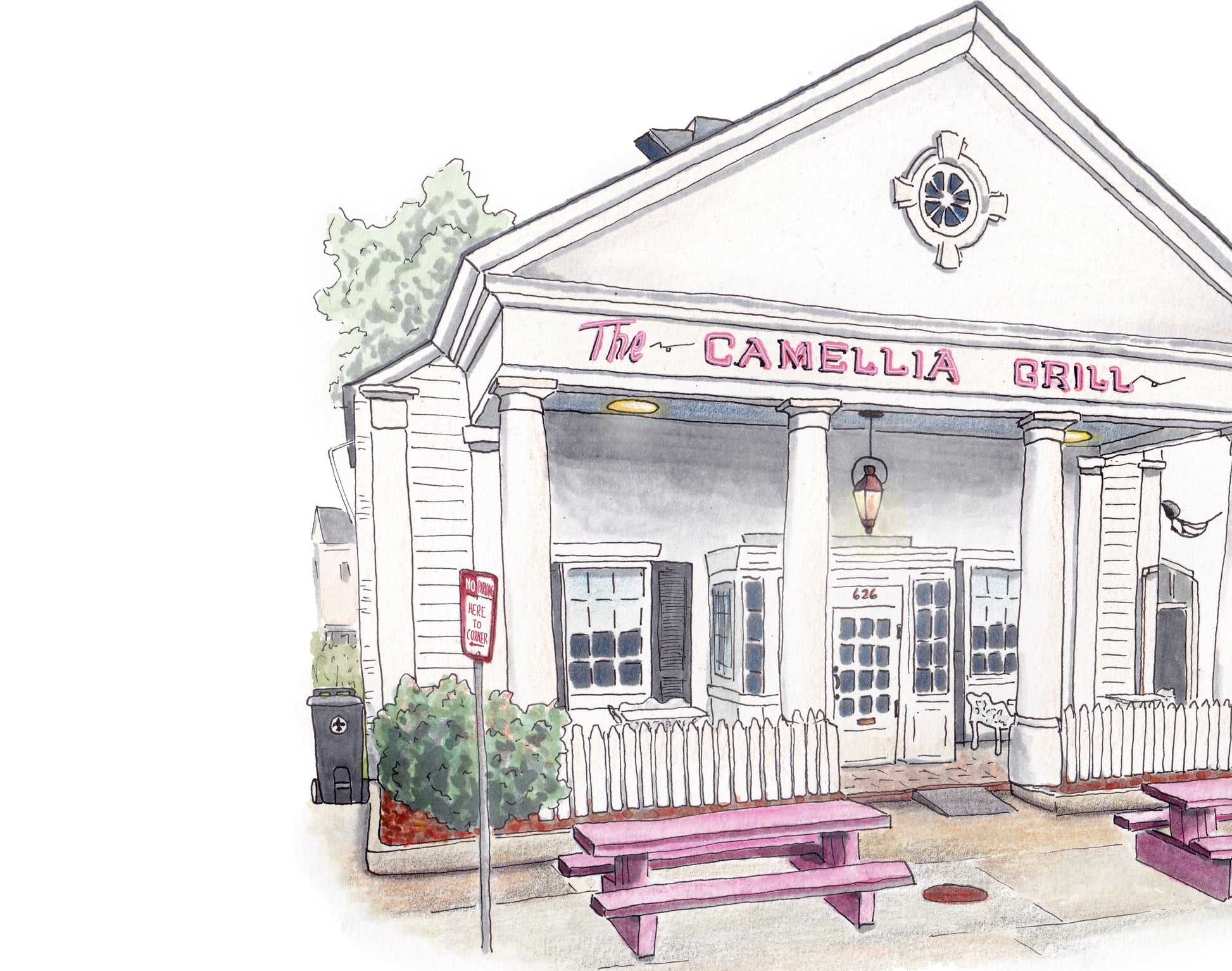 Detail picture of a Illustration of Camellia Grill diner in Uptown New Orleans, Louisiana on a white background