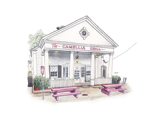 Illustration of Camellia Grill diner in Uptown New Orleans, Louisiana on a white background
