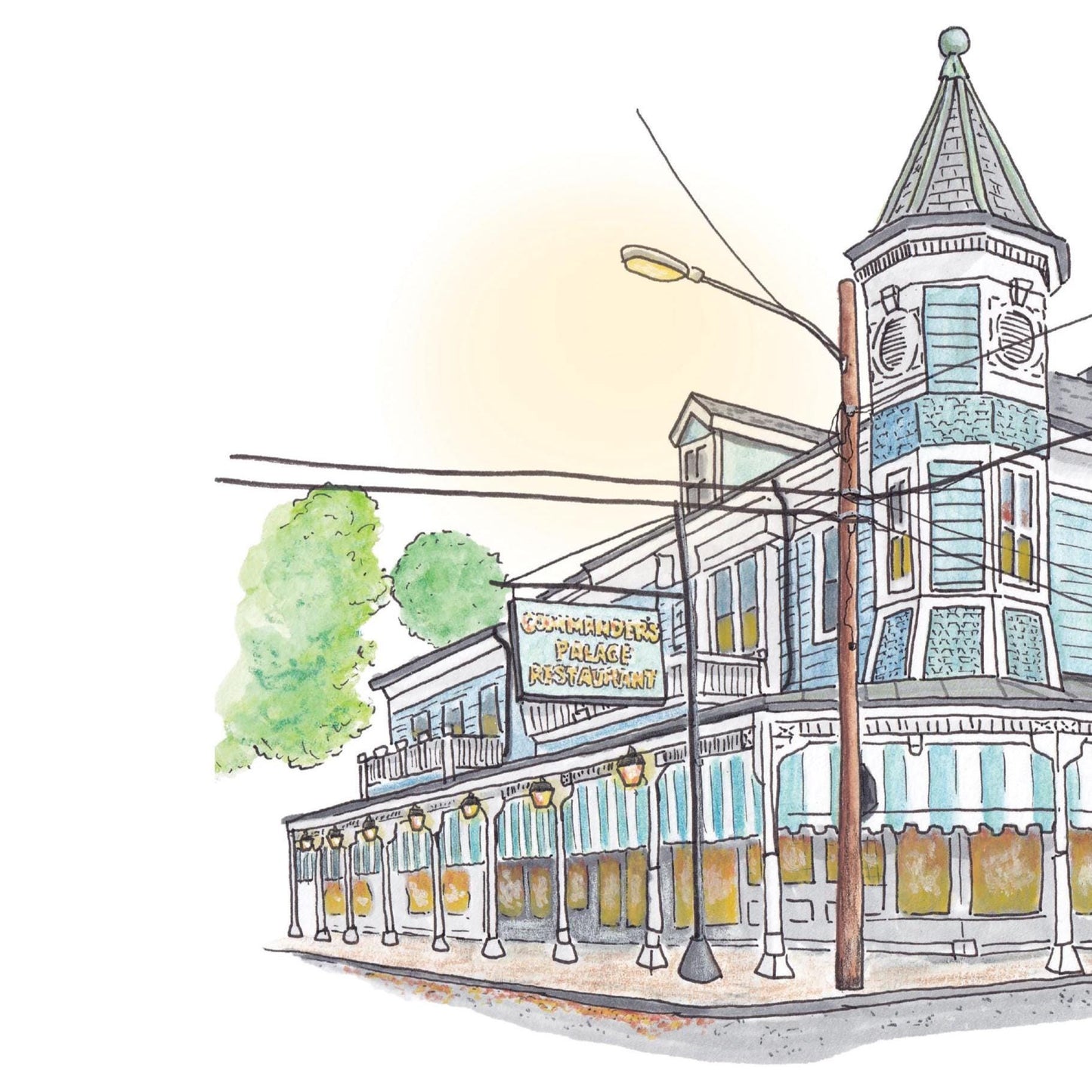 A detail photo of the Commander's Palace art print. The iconic light blue restaurant with white trim and blue and white striped awnings sits on its street corner deep in the Garden District of New Orleans. The spire reaches to the top center of the composition while power lines guide the eyes across this architectural beauty . The sign reading "COMMANDER'S PALACE RESTAURANT" sits out front on its own pole in front of a lantern lined gallery. A warm glow emanates from the restaurant windows.
