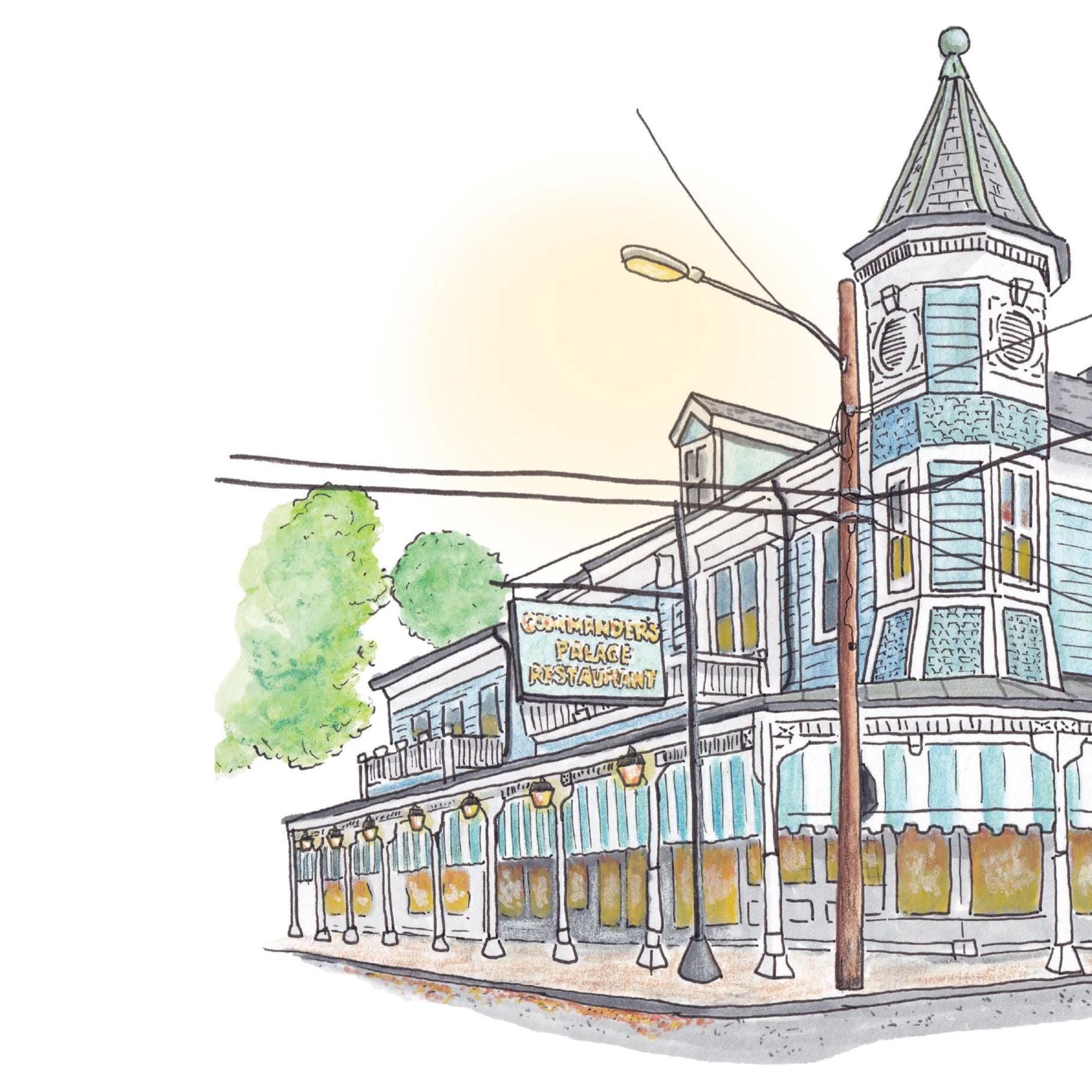 A detail photo of the Commander's Palace art print. The iconic light blue restaurant with white trim and blue and white striped awnings sits on its street corner deep in the Garden District of New Orleans. The spire reaches to the top center of the composition while power lines guide the eyes across this architectural beauty . The sign reading "COMMANDER'S PALACE RESTAURANT" sits out front on its own pole in front of a lantern lined gallery. A warm glow emanates from the restaurant windows.