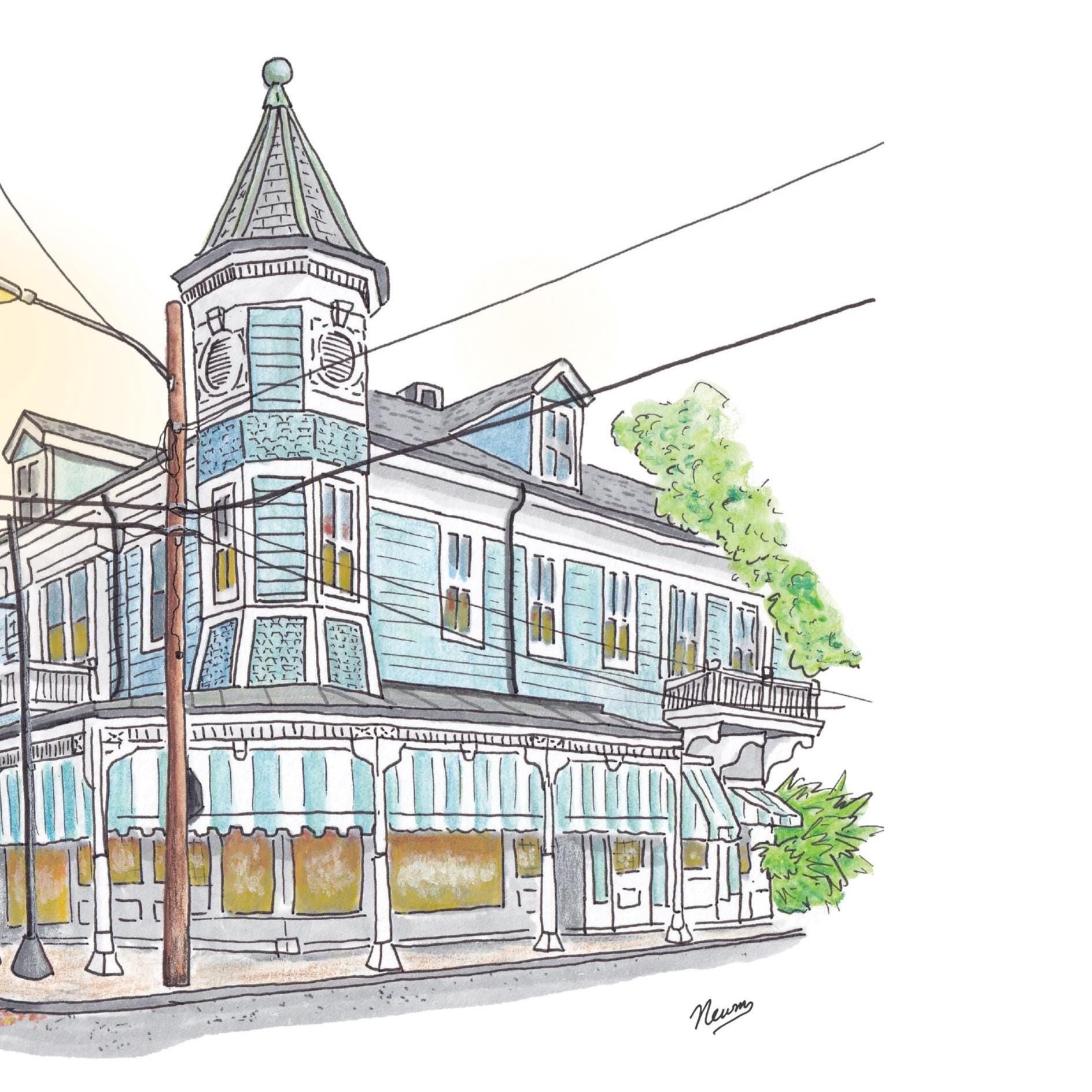 A detail photo of the Commander's Palace art print. The iconic light blue restaurant with white trim and blue and white striped awnings sits on its street corner deep in the Garden District of New Orleans. The spire reaches to the top center of the composition while power lines guide the eyes across this architectural beauty . The sign reading "COMMANDER'S PALACE RESTAURANT" sits out front on its own pole in front of a lantern lined gallery. A warm glow emanates from the restaurant windows.