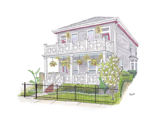 An example of a custom home portrait commission art from 1928 General Taylor Street in Uptown New Orleans. The house is gray with red and white trim, and features hanging ferns from a porch which supports a balcony overhead. The yard is full of local fauna including a banana tree to the left and a Crete myrtle to the right with white blooms. And iron fence and gas guards the front. The image floats on a white background.