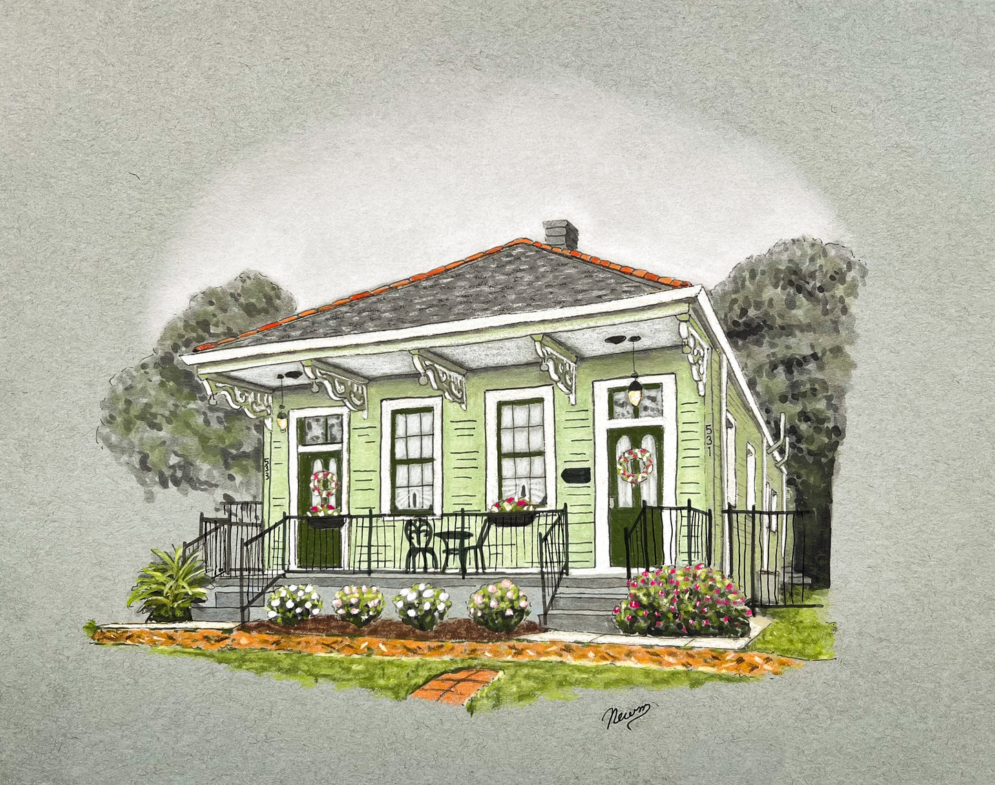 An example of a pastel custom home portrait commission art. An illustration of a green house with a porch and decorative elements on a light gray background