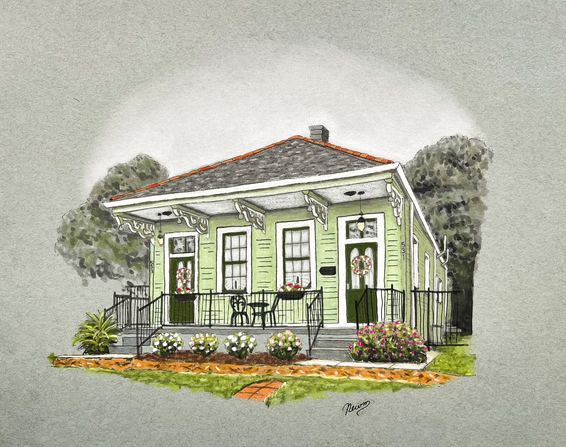 An example of a pastel custom home portrait commission art. An illustration of a green house with a porch and decorative elements on a light gray background