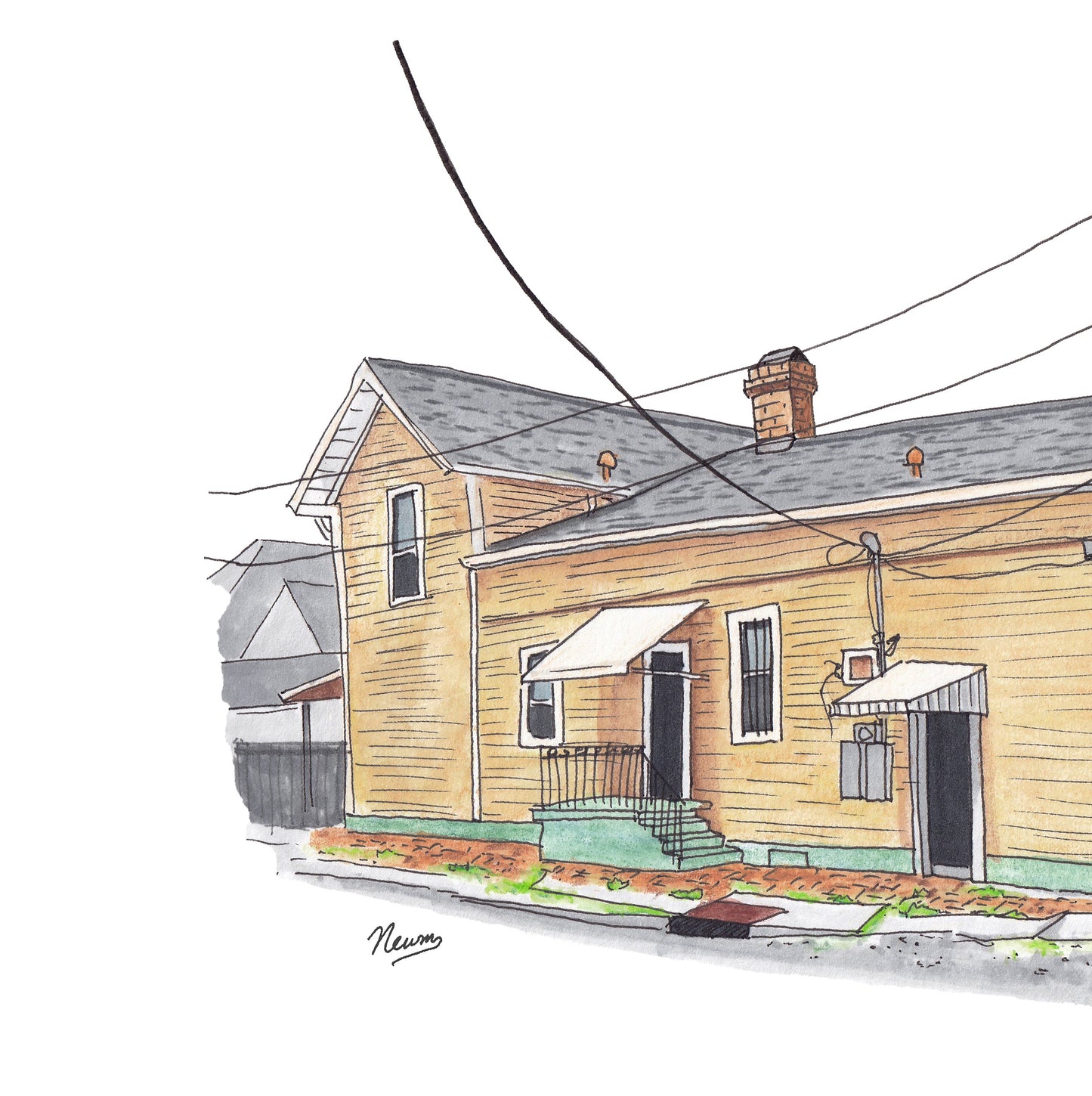 A detail photo of the Domilise's PoBoy art print. The yellow classic New Orleans style building with green trim shows the handprinted sign affixed to the building on the coner reading "Domilise's PoBoy and Bar". The sidewalks are a mix of concrete and brick with sparsely scattered opportunistic weed and grass growing through the cracks. Power lines and a pole anchor at the right center street corner. Est. 1918