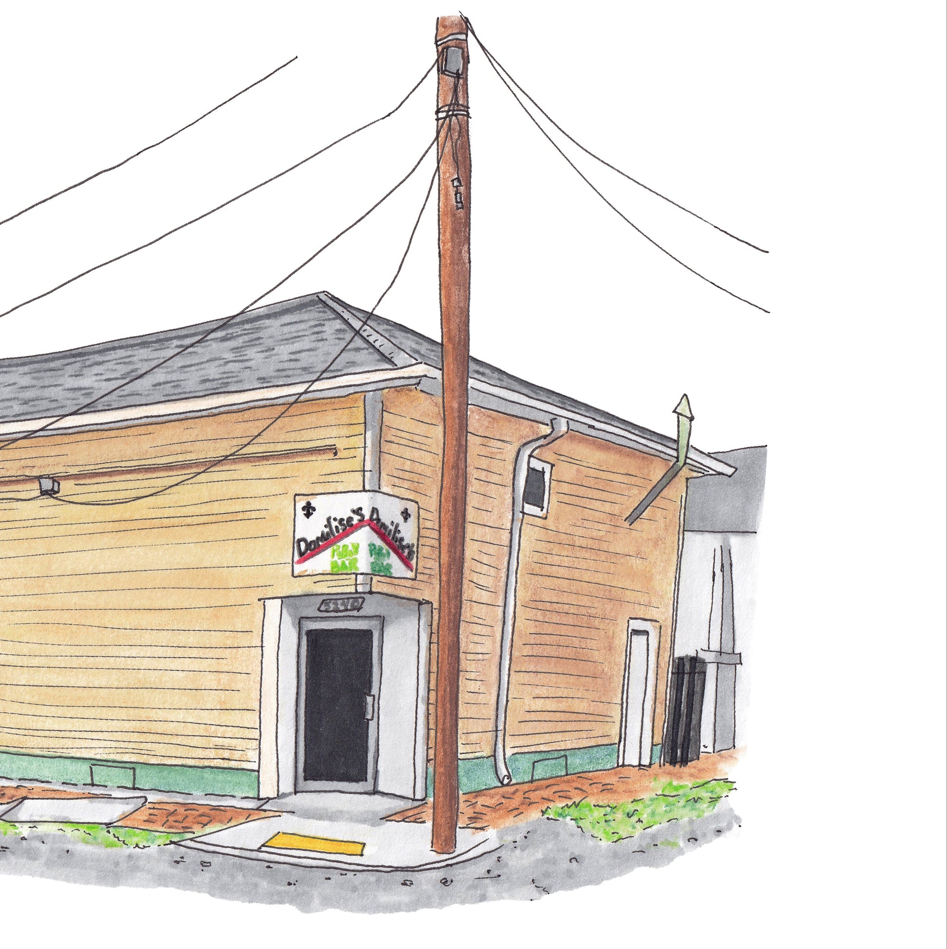 A detail photo of the Domilise's PoBoy art print. The yellow classic New Orleans style building with green trim shows the handprinted sign affixed to the building on the coner reading "Domilise's PoBoy and Bar". The sidewalks are a mix of concrete and brick with sparsely scattered opportunistic weed and grass growing through the cracks. Power lines and a pole anchor at the right center street corner. Est. 1918