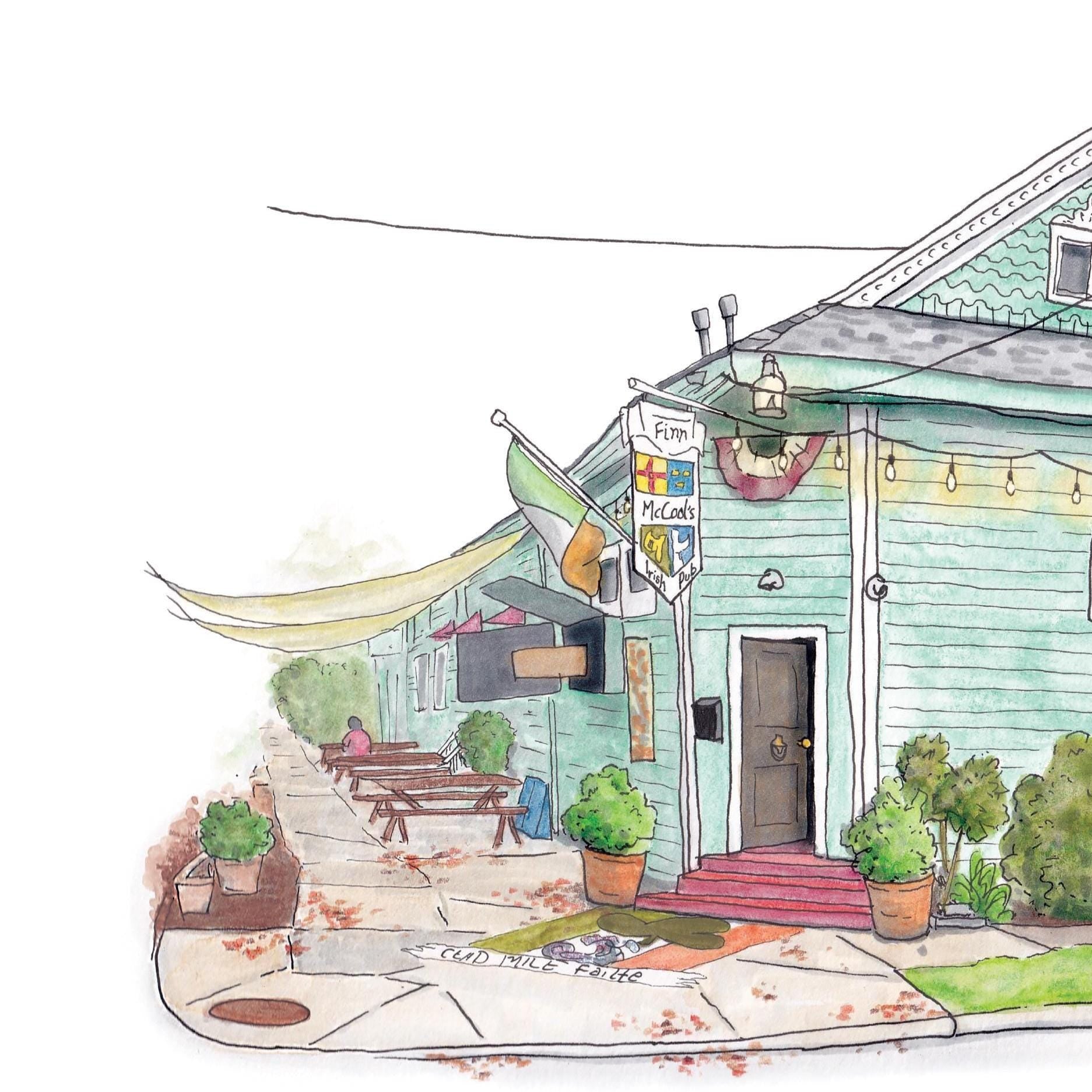 A detail photo of the Finn McCool's Irish Pub art print. A soft green pub with white trim sits at the corner of Banks and Telemachus Streets in Mid-City New Orleans. The pub features a crest filed sign reading "Finn McCool's Irish Pub" and an Irish flag flying on its corner. A string of lights provide ambiance in the front. An Irish flag bearing a crest is painted on the sidewalk in front of the corner door and steps that reads "CEAD MILE FAILTE".