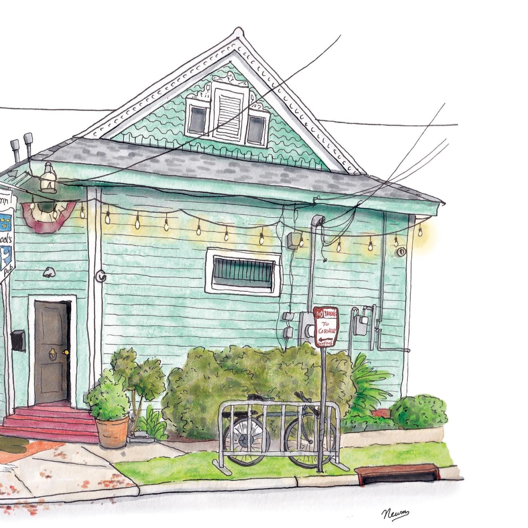 A detail photo of the Finn McCool's Irish Pub art print. A soft green pub with white trim sits at the corner of Banks and Telemachus Streets in Mid-City New Orleans. The pub features a crest filed sign reading "Finn McCool's Irish Pub" and an Irish flag flying on its corner. A string of lights provide ambiance in the front. An Irish flag bearing a crest is painted on the sidewalk in front of the corner door and steps that reads "CEAD MILE FAILTE".