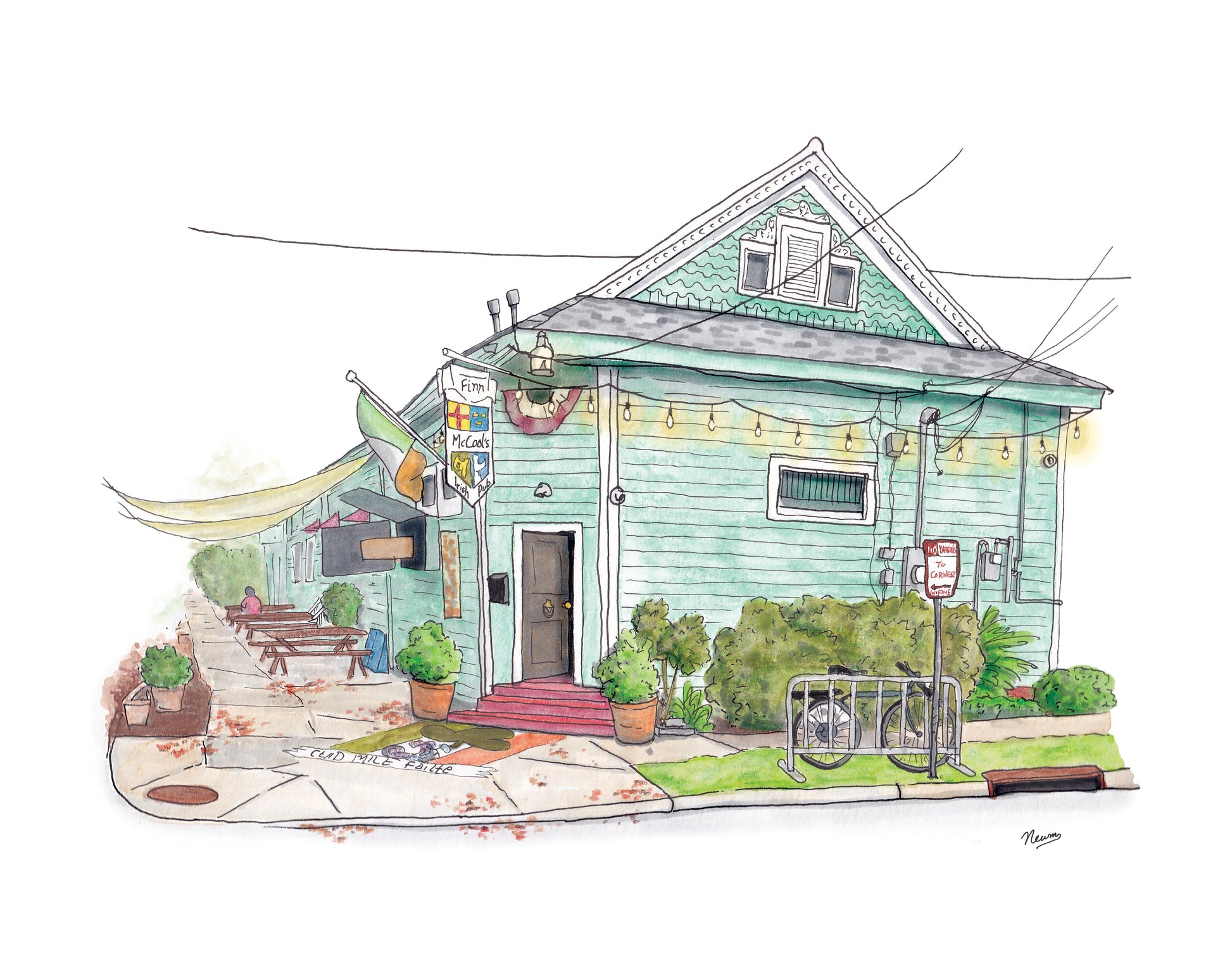 A product photo of the Finn McCool's Irish Pub art print. A soft green pub with white trim sits at the corner of Banks and Telemachus Streets in Mid-City New Orleans. The pub features a crest filed sign reading "Finn McCool's Irish Pub" and an Irish flag flying on its corner. A string of lights provide ambiance in the front. An Irish flag bearing a crest is painted on the sidewalk in front of the corner door and steps that reads "CEAD MILE FAILTE".