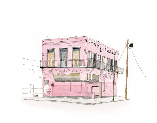 A product photo of the Gene's PoBoy art print. An abandoned, boarded yet peculiar pink building sits on a street corner with a power pole on its right. Some leftover signage remains on the building. "French Fries 75 [cents]" and "Standard"are seen. The building is the former home of Gene's PoBoy. The iconic New Orleans restaurant once featured on The Simpson's is now closed. This is the view in 2021.
