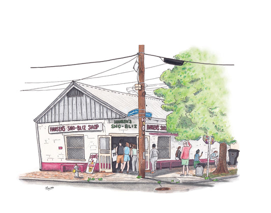 A product photo of the Hansen's Sno-Bliz art print. The corner of Tchoupitoulas and Bordeaux in New Orleans is home to an iconic sno-ball shop. Hansen's is a New Orleans institution as witnessed by the patrons lining the street in this painting to get a son-ball on a hot New Orleans summer day. The building is unassuming, white with read trim and green signage above the corner door reading "HANSEN'S SNO - BLIZ". The corner doors stand wide open.