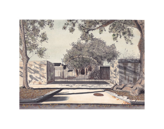 A product photo of the original art for the Lafayette Cemetery no. 1 piece. A watercolor and pastel painting of The Lafayette Cemetery no. 1 located in the Garden District of New Orleans, LA floating on a solid, bright white background. The painting depicts an entrance on Washington Ave in which an Iron fence and gate guard the entry with an arching sign that reads "Lafayette Cemetery no. 1." The painting has a slight green tint and a spooky vibe.