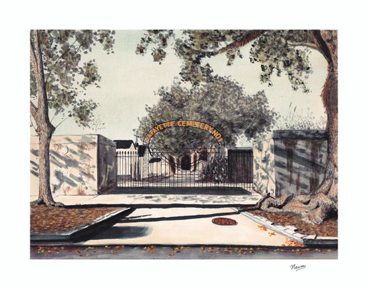 An art print of a watercolor and pastel painting of The Lafayette Cemetery no. 1 located in the Garden District of New Orleans, LA. The painting depicts an entrance on Washington Ave in which an Iron fence and gate guard the entry with an arching sign that reads "Lafayette Cemetery no. 1." The painting has a slight green tint and a spooky vibe. The signature “Newm” lays off to the side.